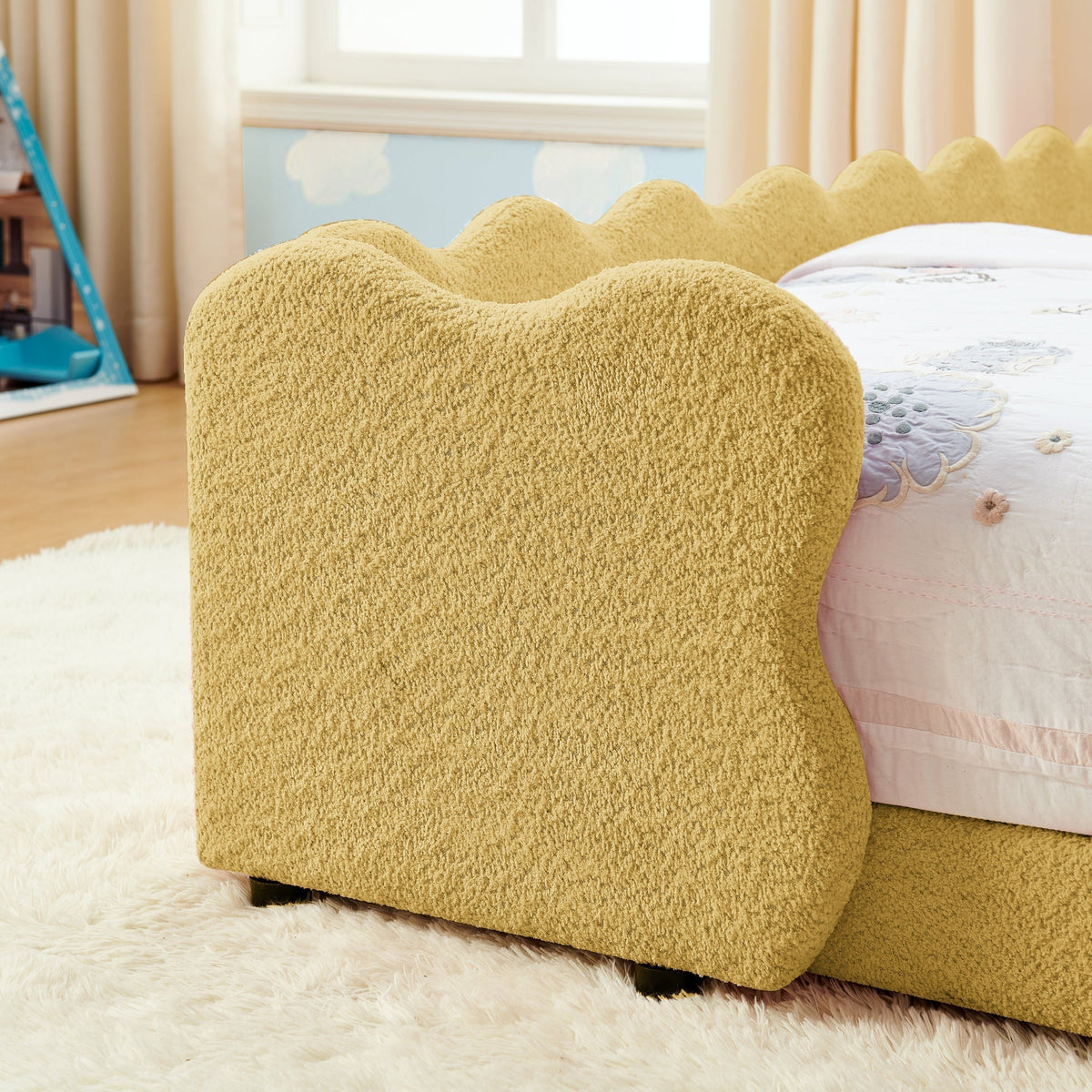 Twin Size Cute Dinosaur-Shaped Kids Bed with Safety Guardraild, Solid Wood Toddler Bed Frame for Children for Bedroom, Boucle Fabric