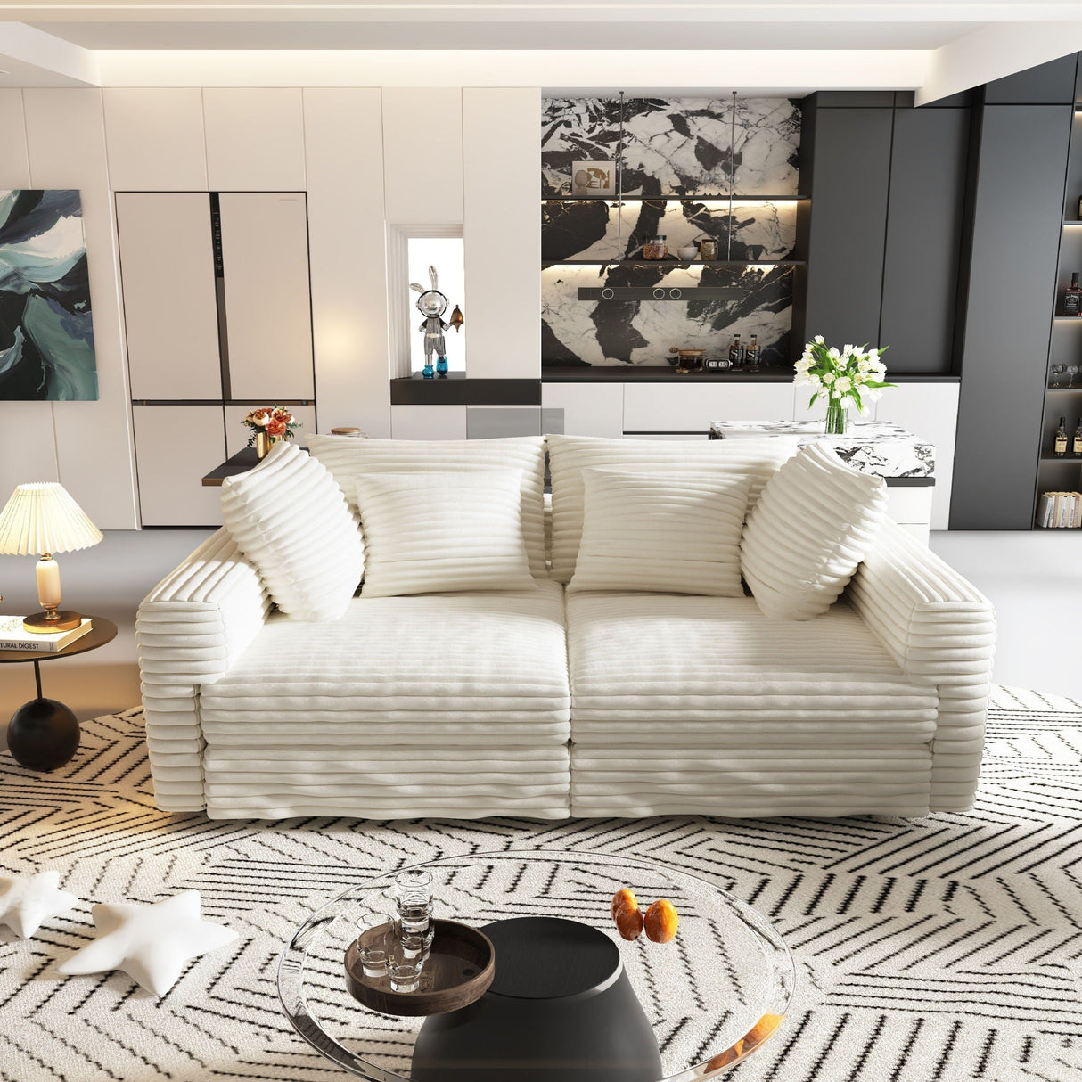 4 Seat Sofa With Soft Pillows And Movable Ottoman