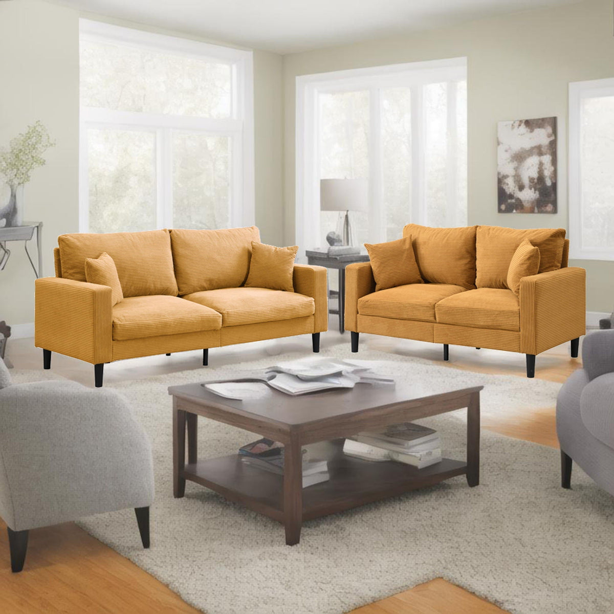 Modern Upholstered 2 Piece Sofa Set With 3 Seater And 2 Seater