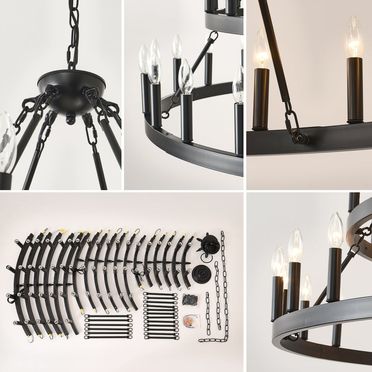 3 Tiers Wagon Wheel Chandelier - 54-Light Matte Black Metal