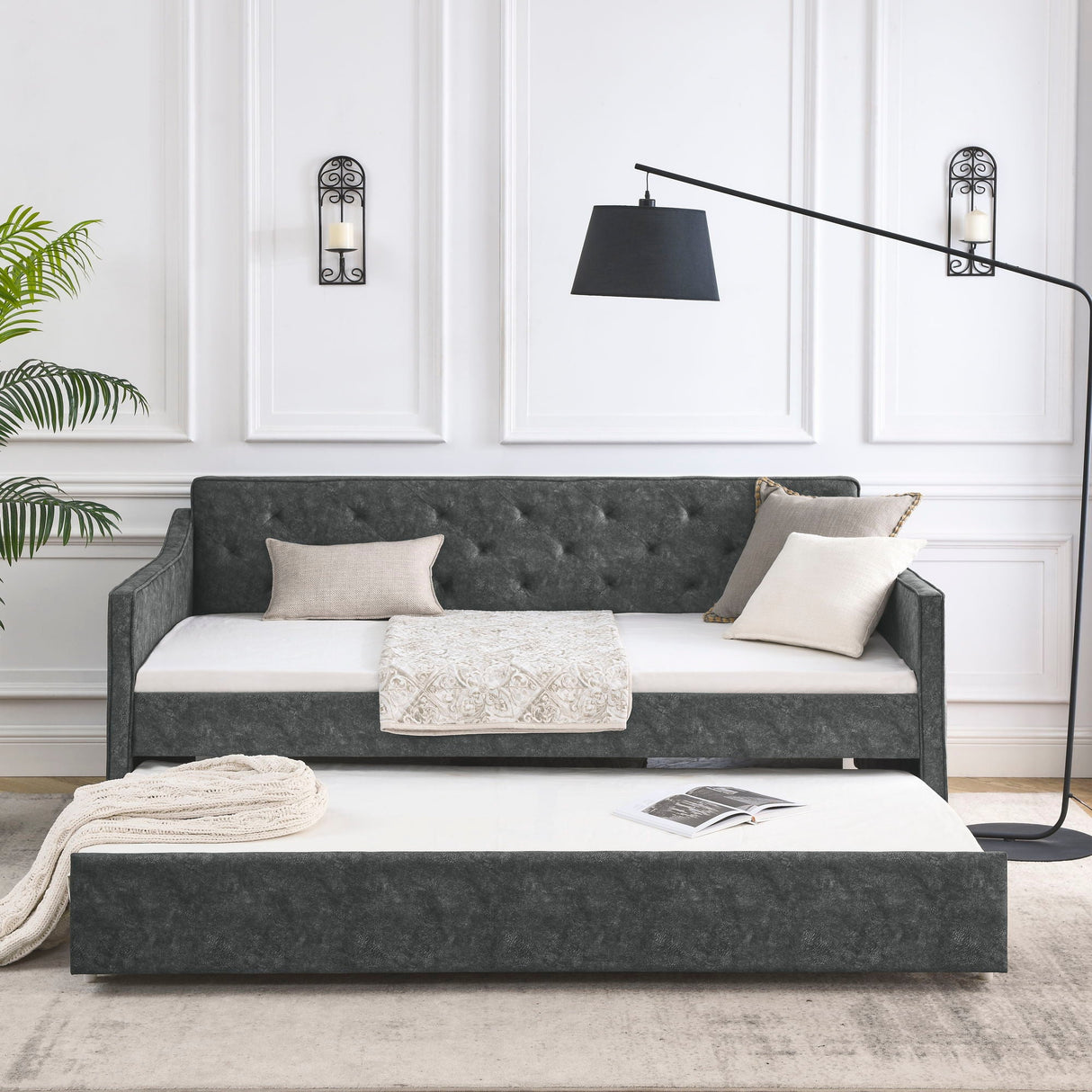 Twin Upholstered Daybed With Trundle, Waved Arms - Gray