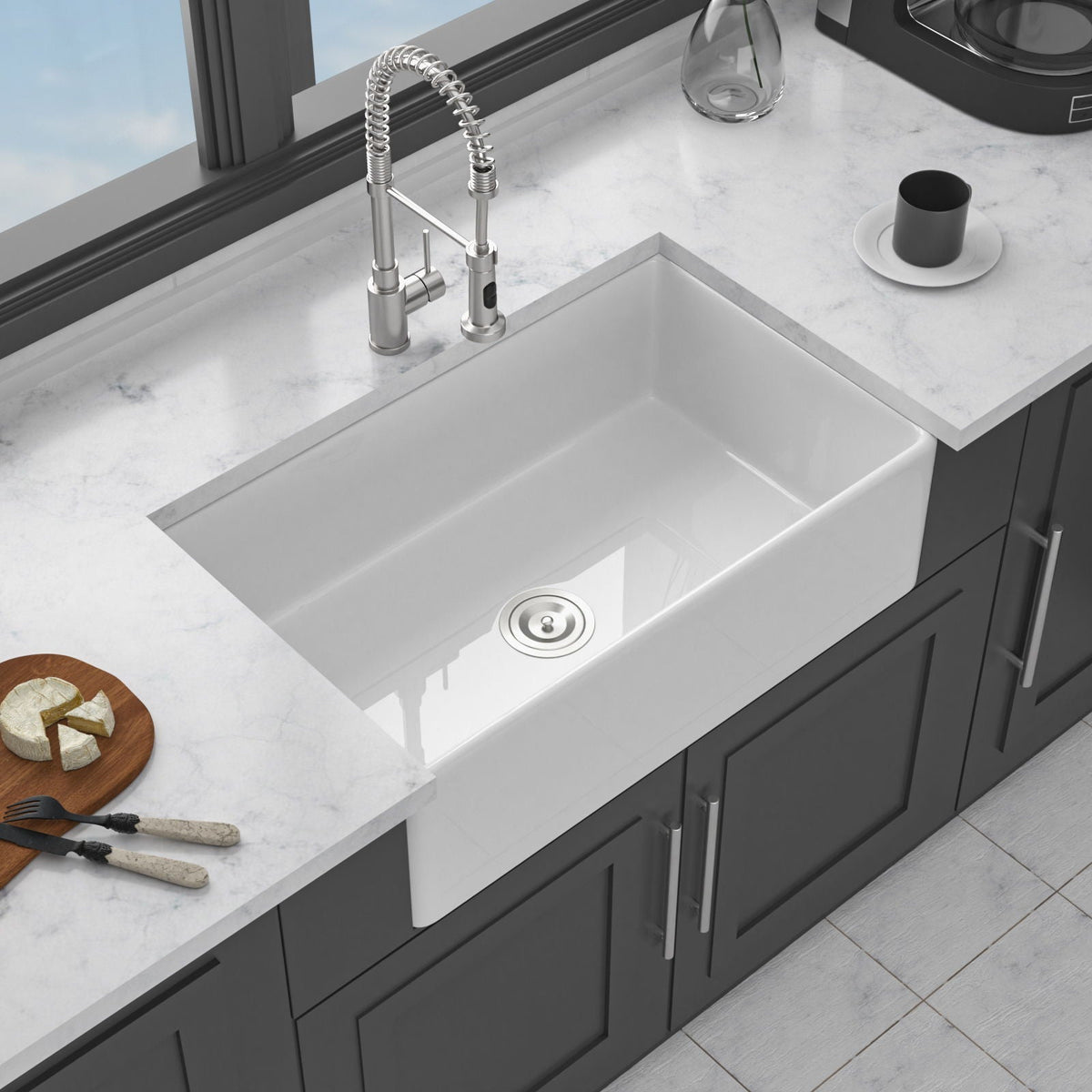 Ceramic Farmhouse Sink With Deep Basin And Stainless Steel Grid