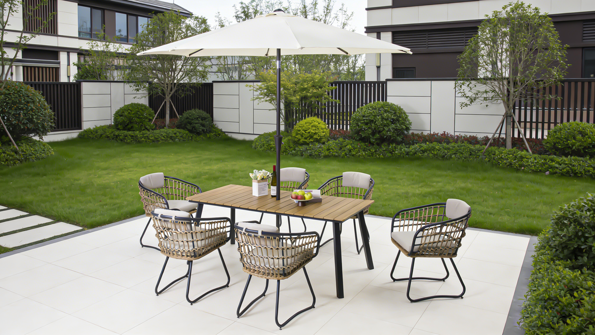 Outdoor Folding Dining Table for 4-6 with Steel Frame and Umbrella Hole