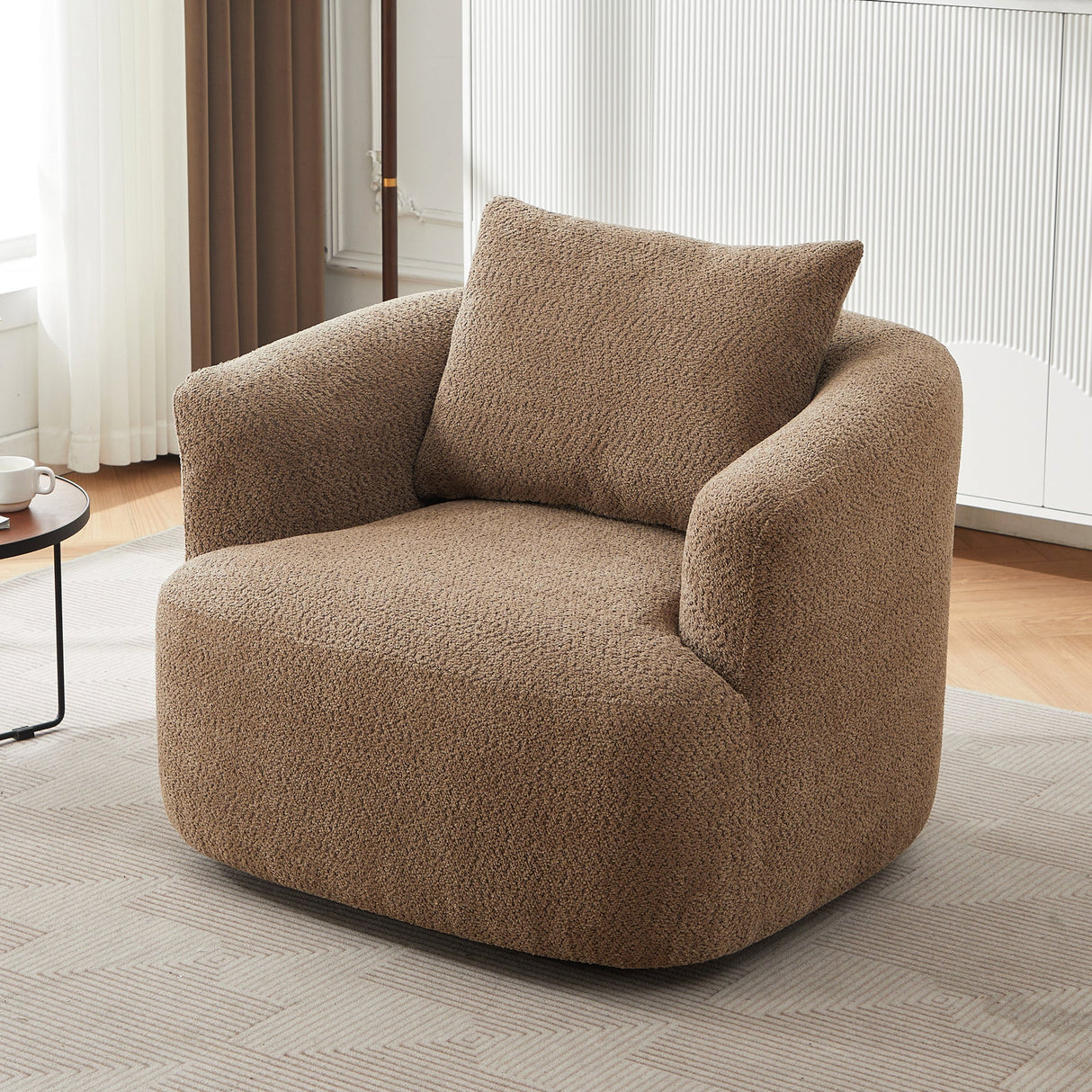 Chenille Upholstered 360° Swivel Chair with Throw Pillow, Dark Brown