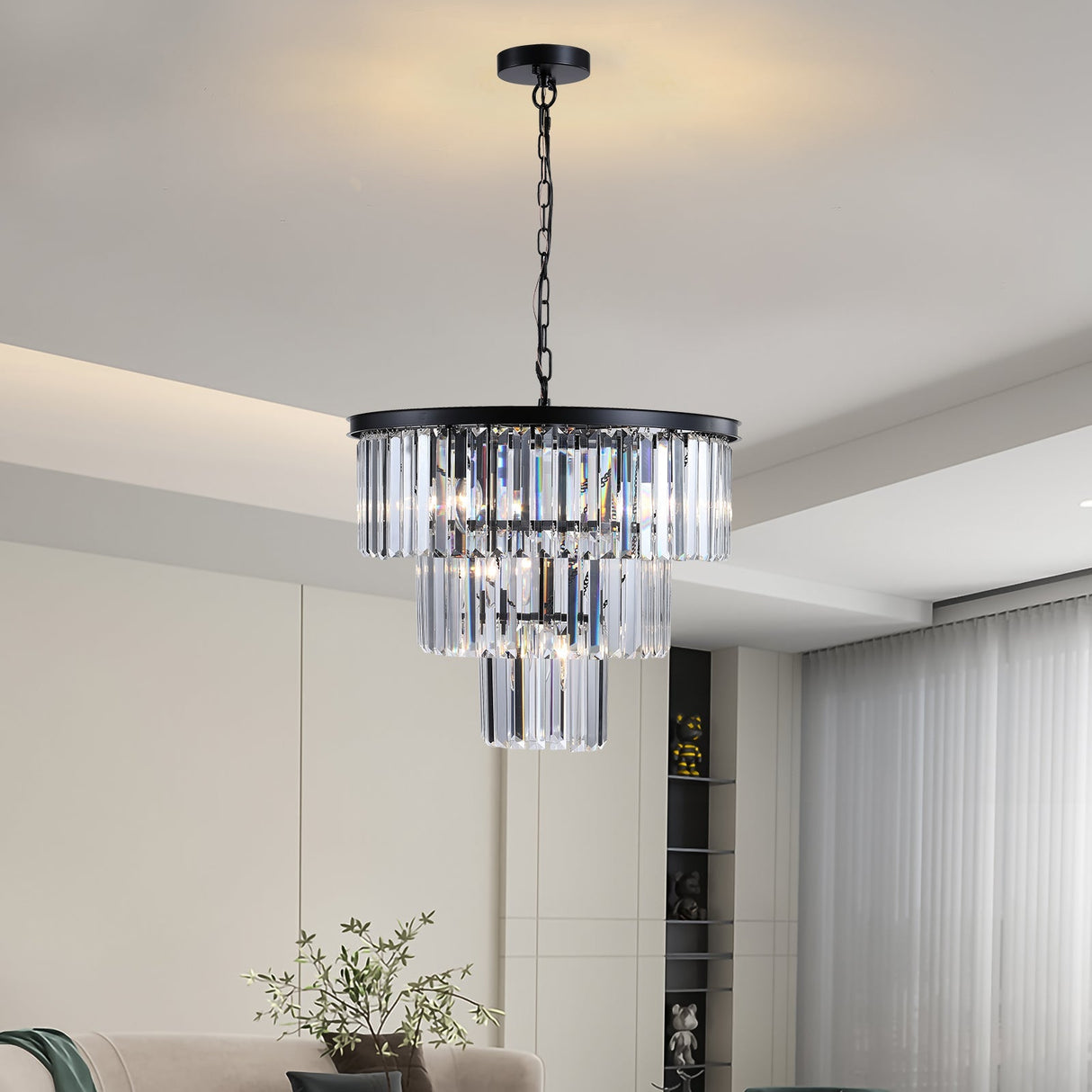 20' Modern Crystal Chandelier with Black Finish – Elegant 7-Light Pendant Light with 3 Tier Crystal Strands for Dining Room, Living Room, or Bedroom (Bulb Not Included)