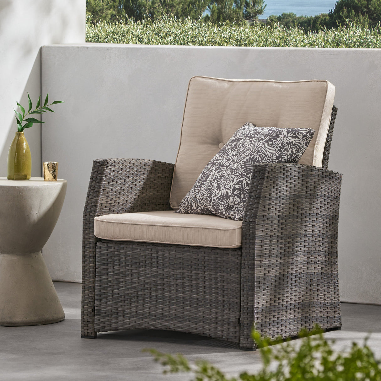 ST MARTA Single Sofa Outdoor Relaxation Seat Grey PE Rattan Waterproof Fabric