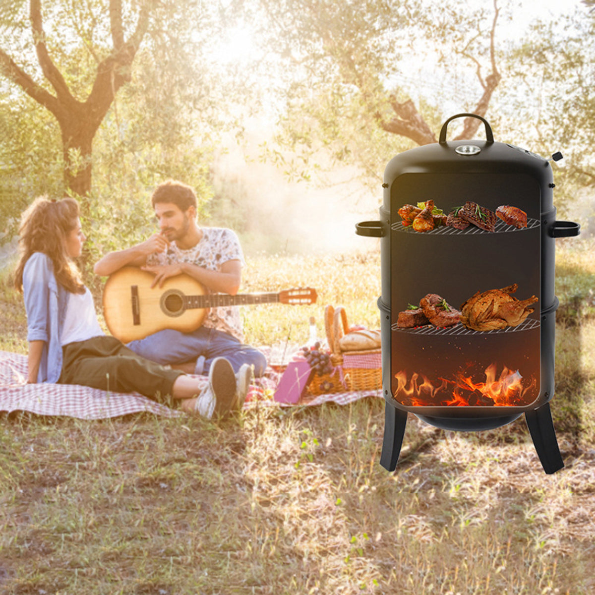 Outdoor Double-Layer Grill Charcoal Wood Fired Braising and Smoking Stove