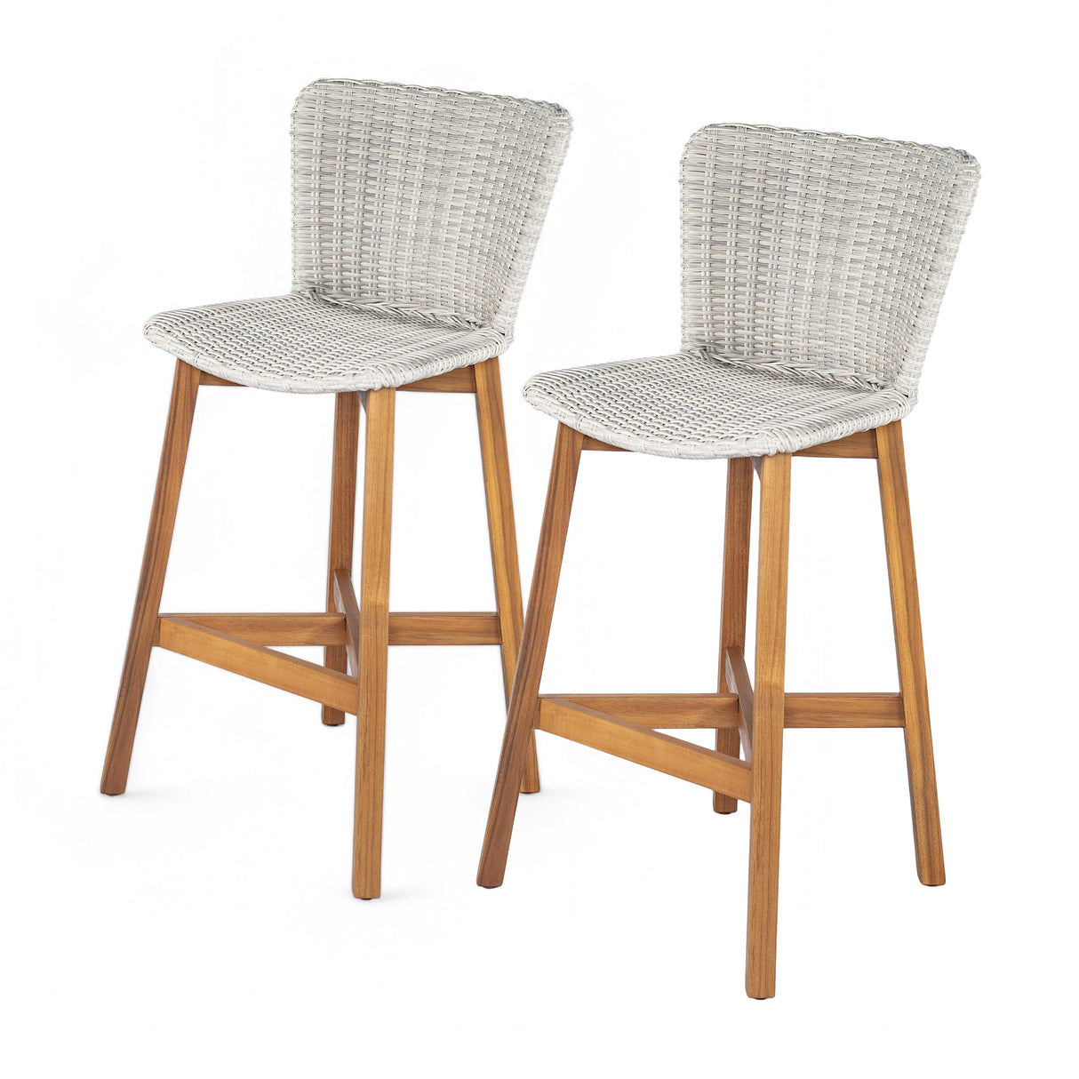 Lymington Outdoor Bar Stool Set of 2, Teak Finished Wood with Light Grey Wicker