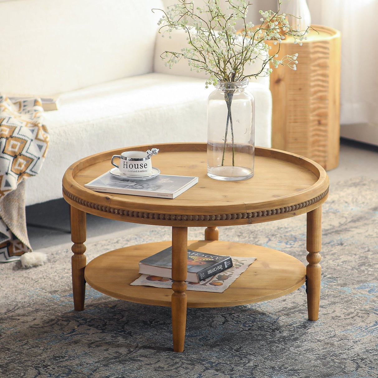 31.3' Round Boho Coffee Table with Storage Shelf