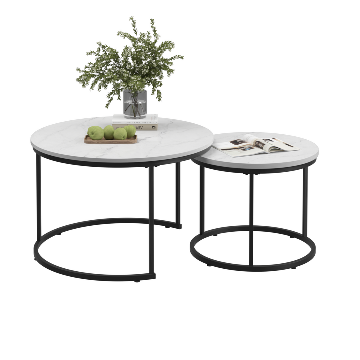 Nesting Coffee Table Set of 2, 27.6inch Round Wood Marble Pattern Top with Sturdy Metal Frame