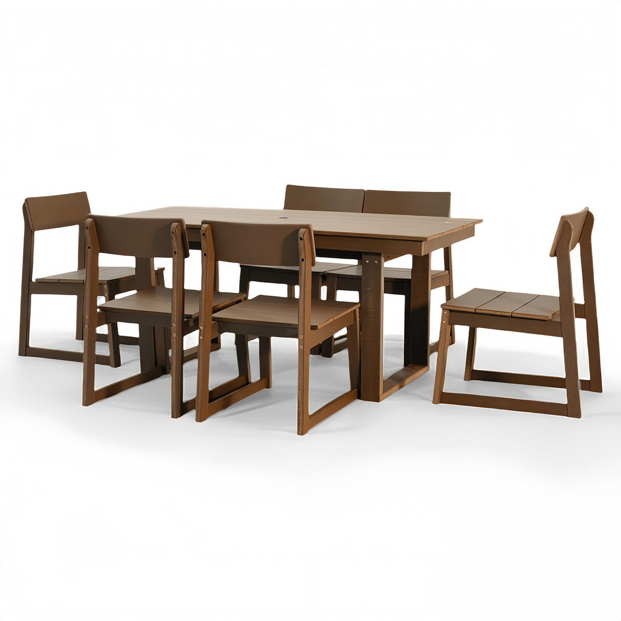 7-Piece Outdoor Dining Set for 6, HDPE Patio Table with Umbrella Hole & 6 Armless Chairs, Weather-Resistant Garden Furniture for Backyard, Lawn, Deck, Poolside (Brown)