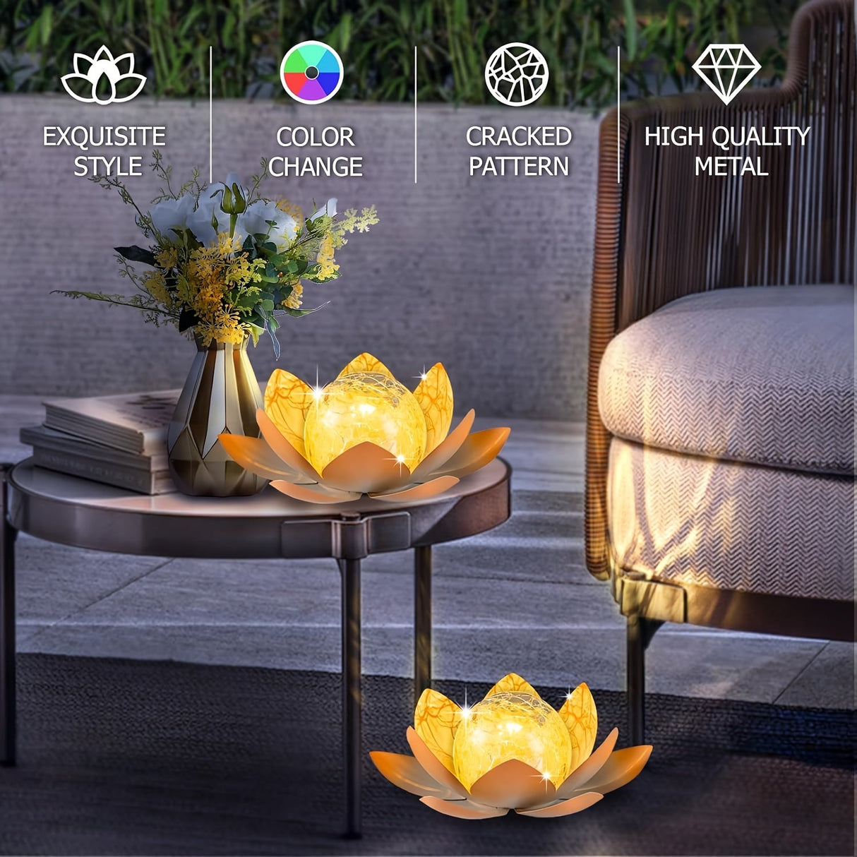 Set of 2 Lotus Solar Garden Lights – Waterproof Cracked Glass Outdoor Decor Lamps