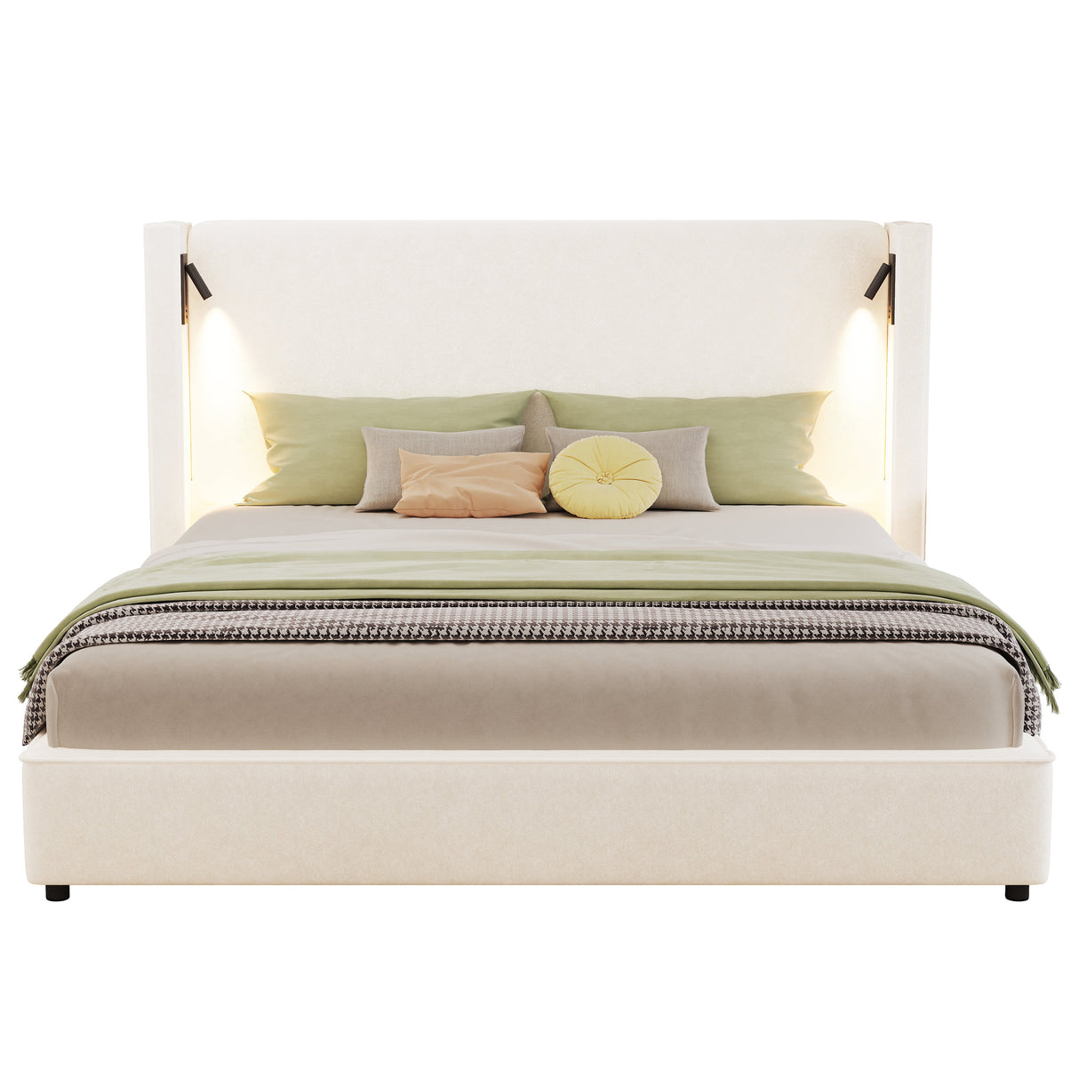 California King Size Upholstered Bed Frame with High Wingback Headboard, Reading Lamp and USB Port