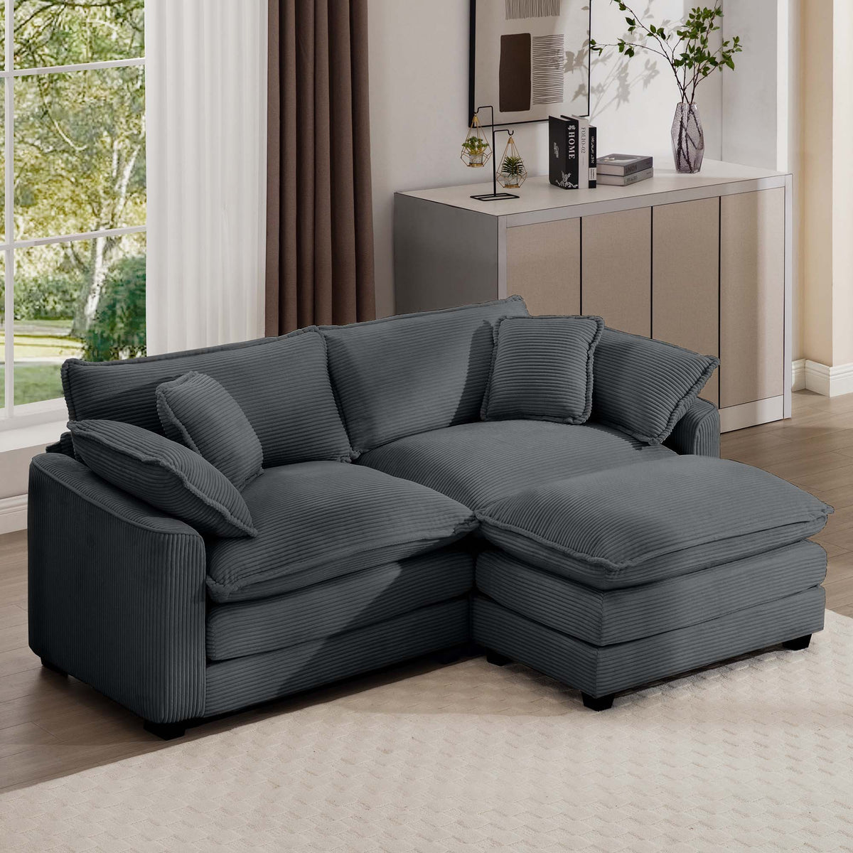Modern Modular Cushion Sofa Set with Ottoman - Fabric, Multiple Colors