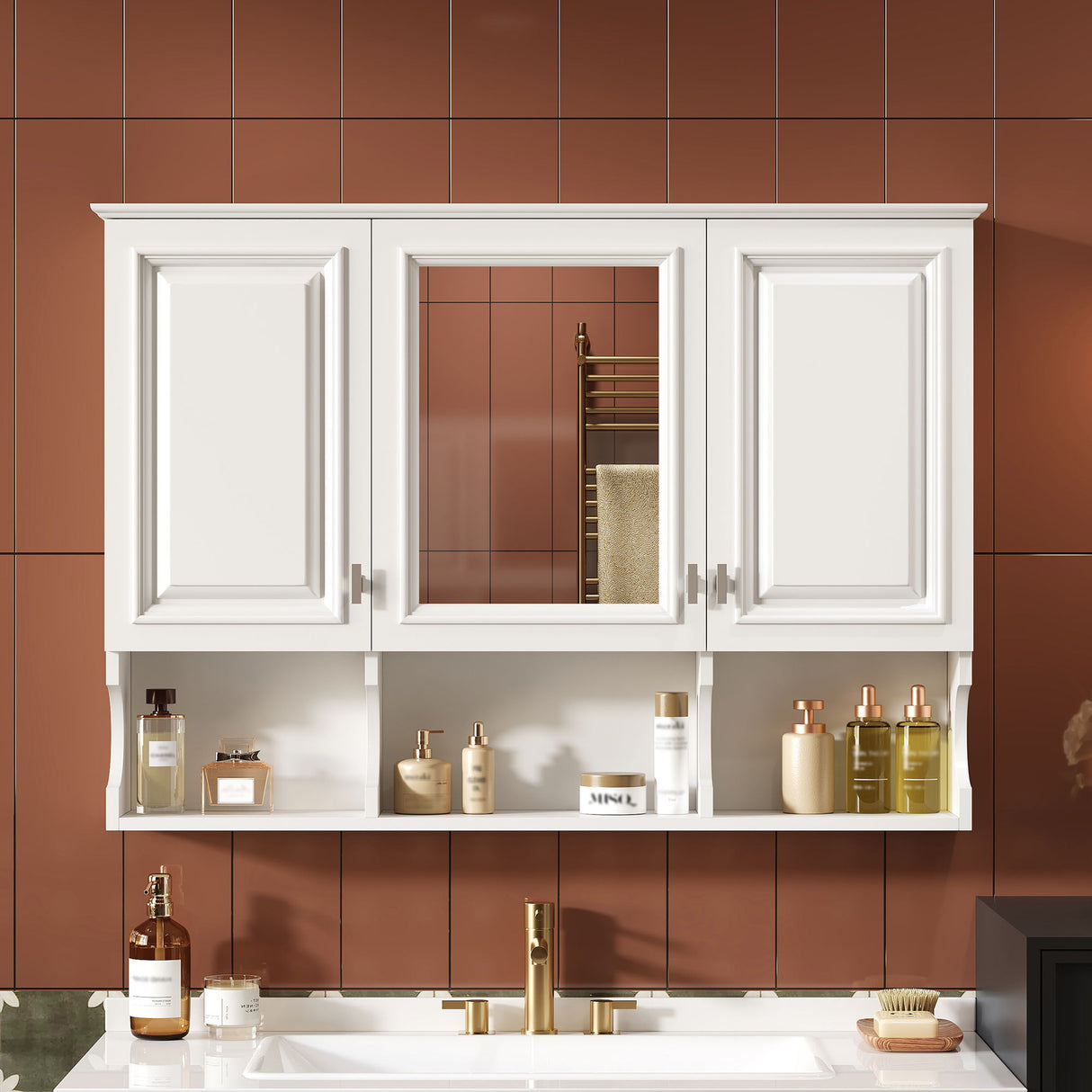 Modern Wall Mounted Mirror Medicine Cabinet With Open Shelves