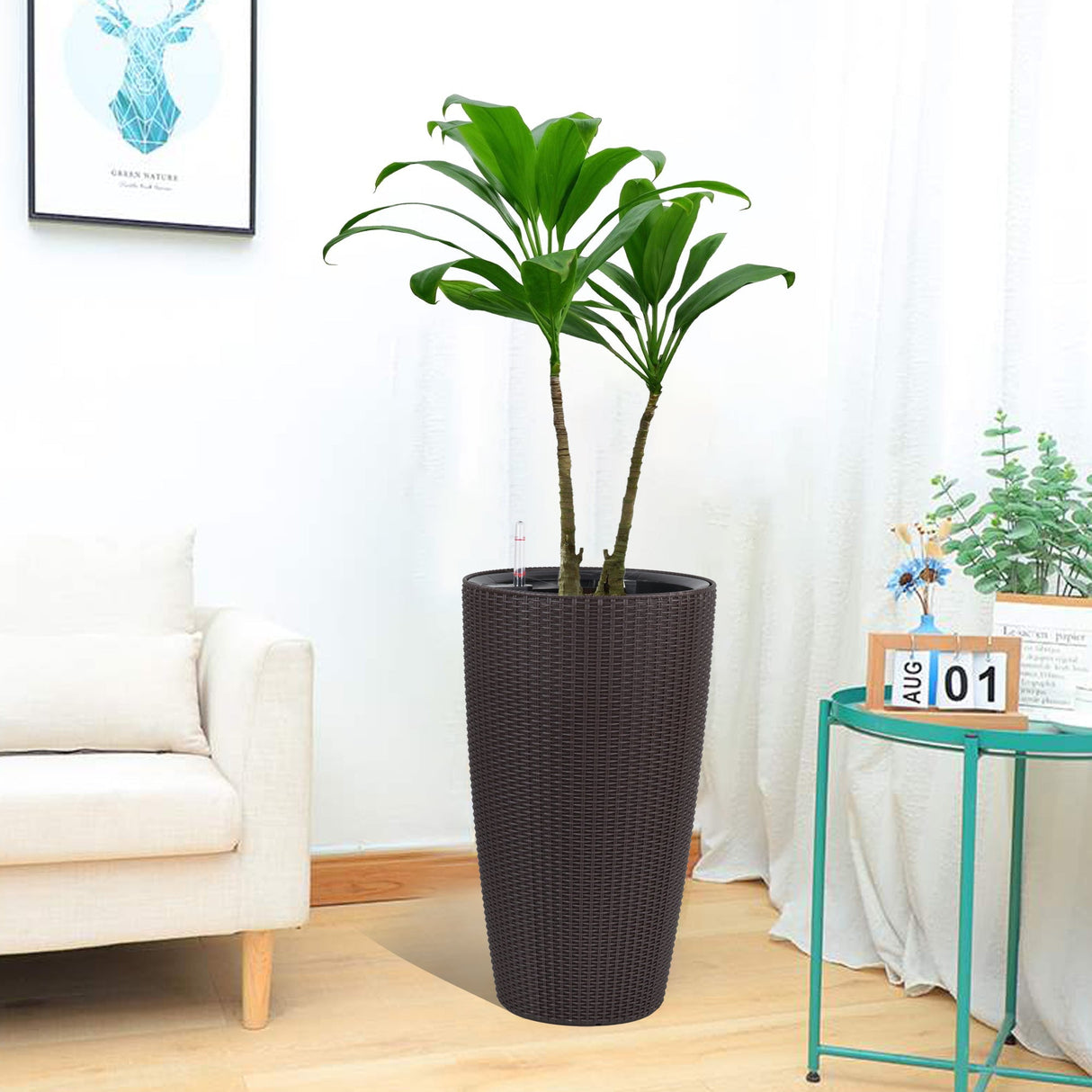 Set of 2 Faux Rattan Tall Planters with Automatic Watering