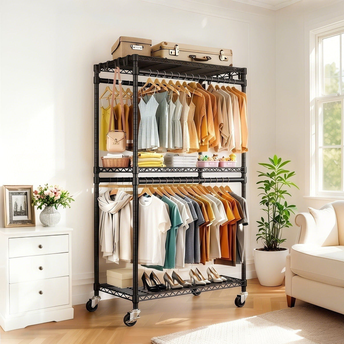 Heavy Duty Rolling Clothes Rack with Shelves and Hooks - Black
