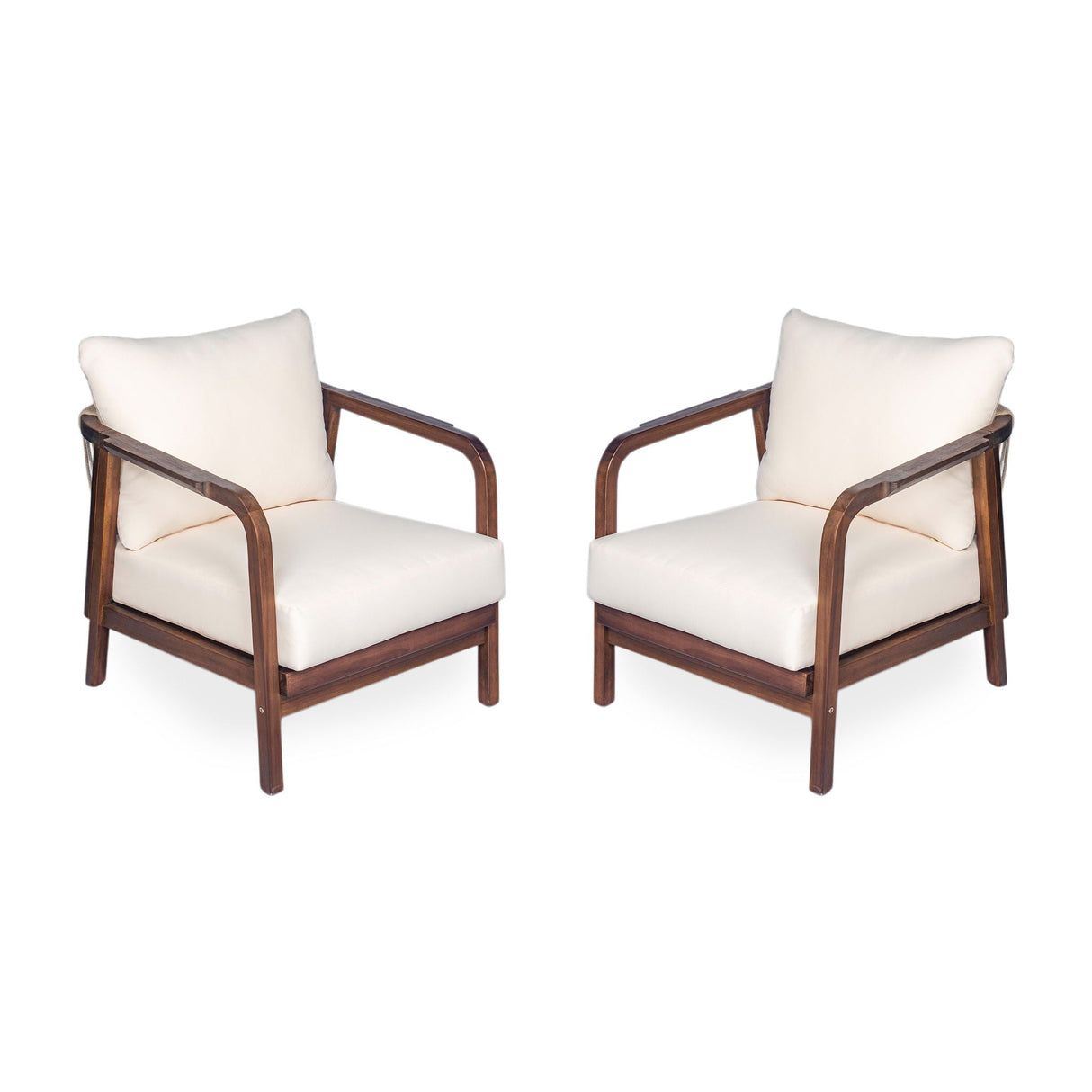 Outdoor Lounge Chair With Woven Backrest, Solid Wood Frame, Comfortable Cushions