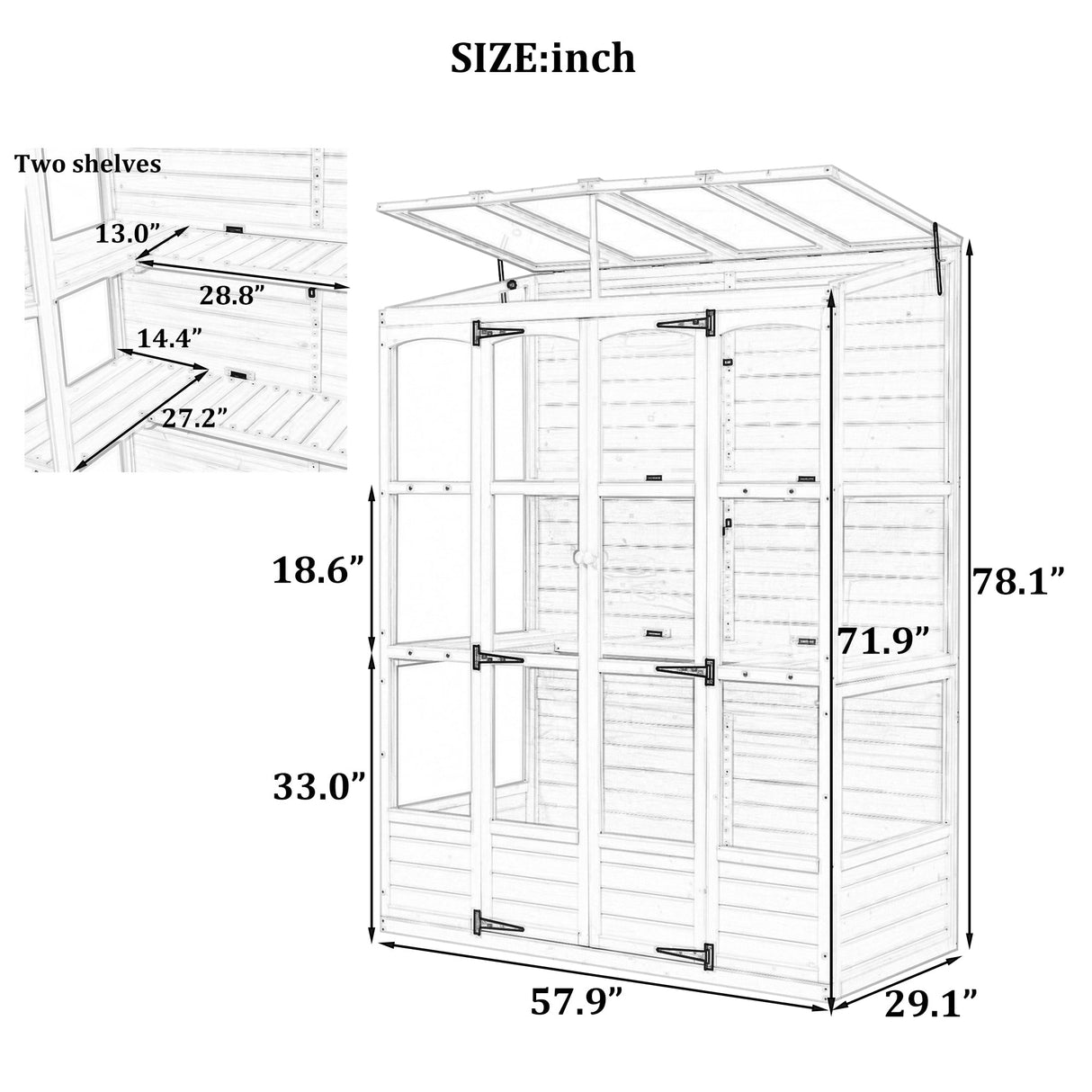 TOPMAX 78-inch Wooden Walk-in Greenhouse with 4 Skylights and Folding Shelves