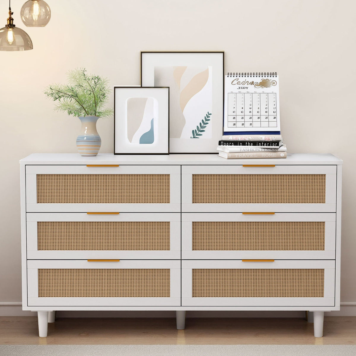 6 Drawer Storage Cabinet with Modern Rattan Drawers - Light Brown, Black, or White