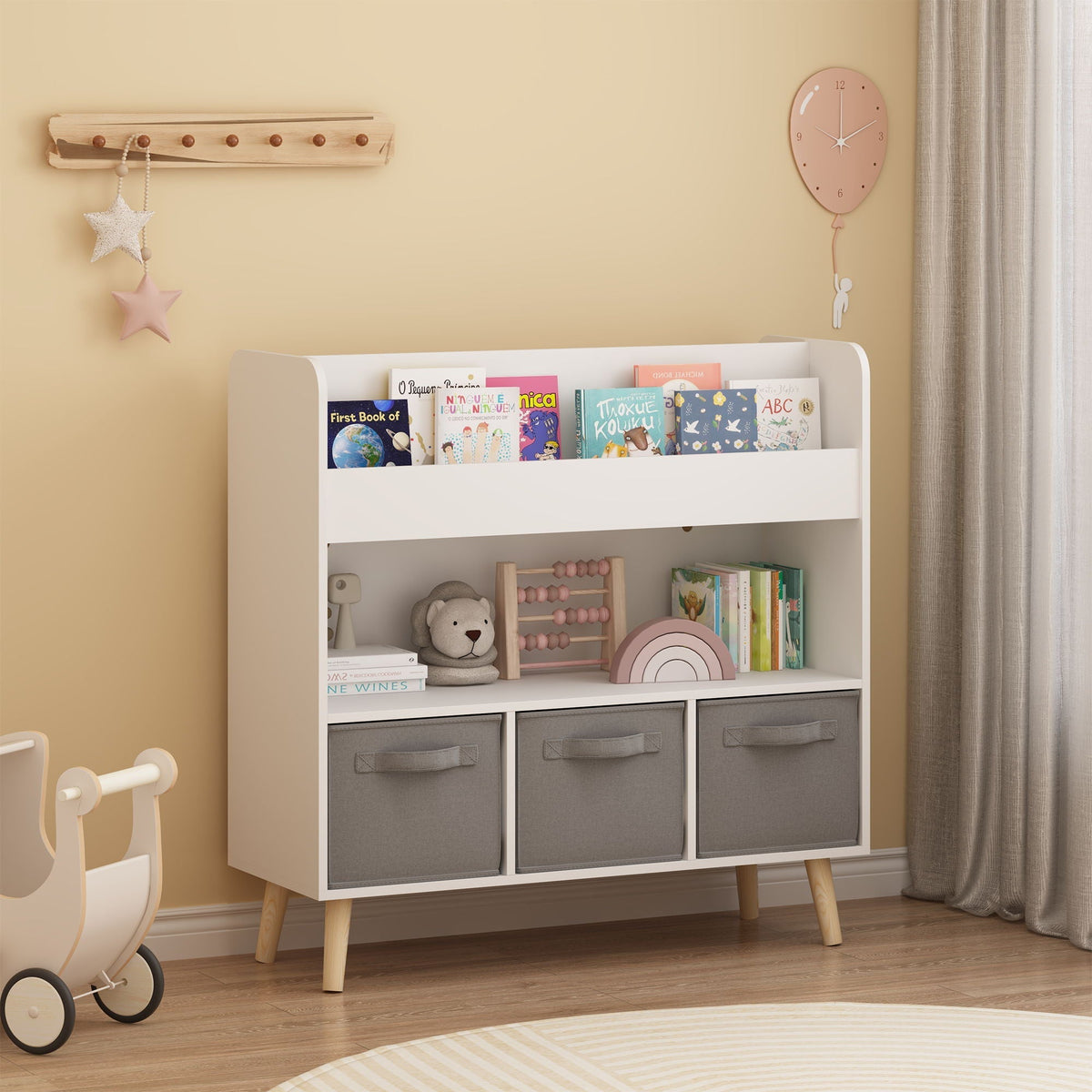 Bookshelf With 3 Bins Storage Shelf for Kids - White