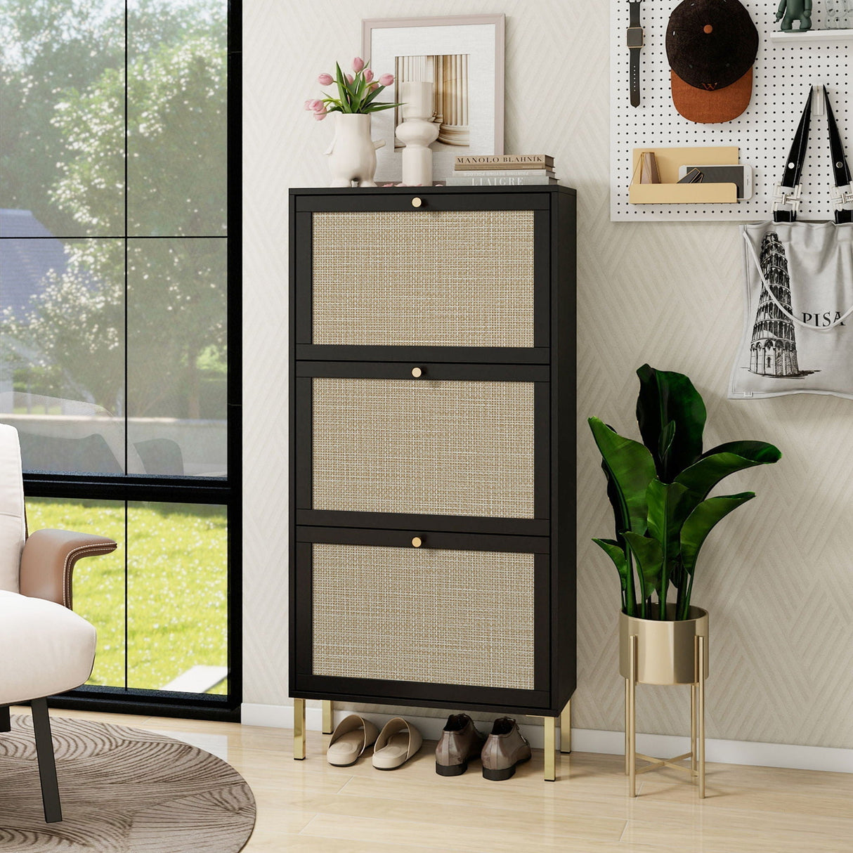 Modern Rattan 3 Door Shoe Rack Cabinet For Entryway