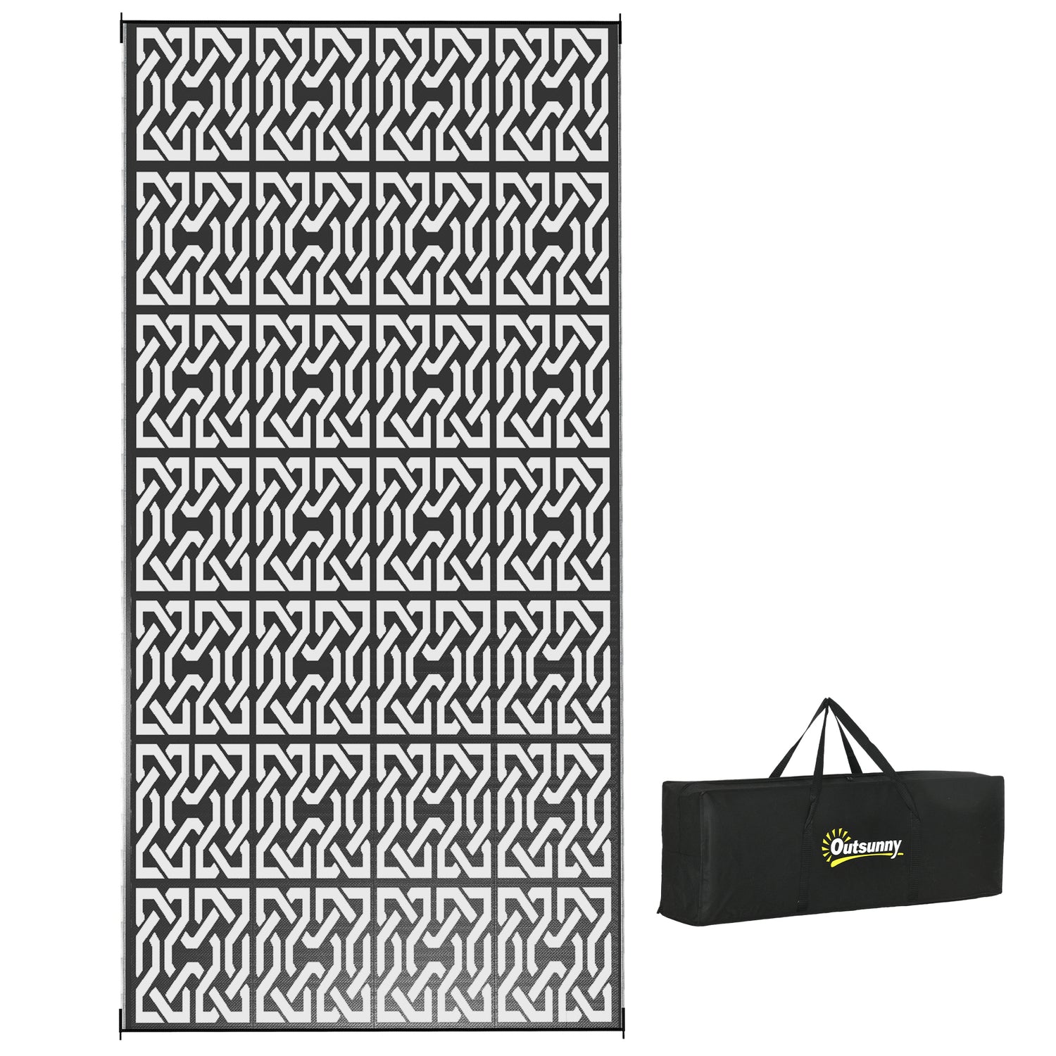 Reversible outdoor rug, 9' x 18' waterproof plastic straw floor mat,  black & white chain