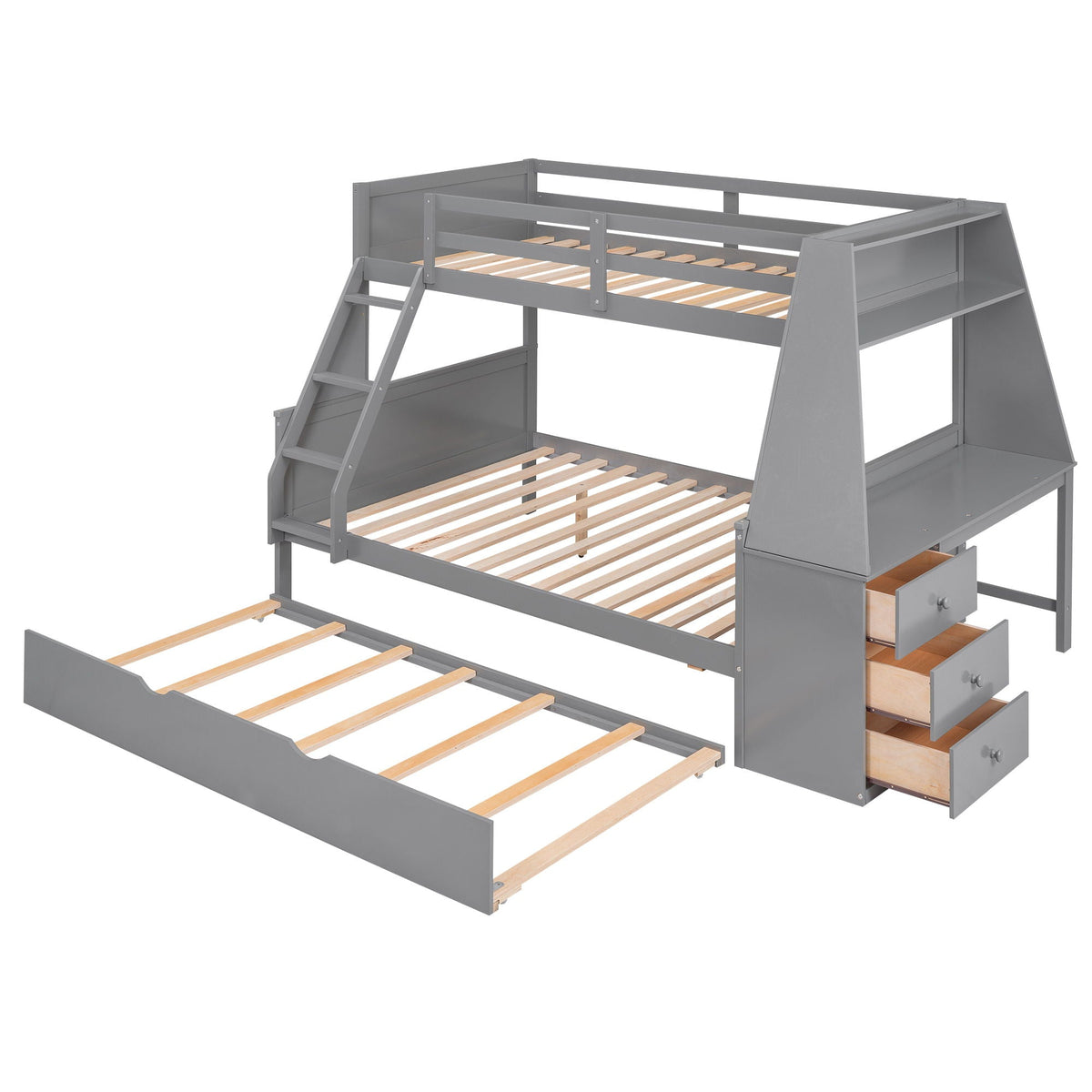 Bunk Bed With Trundle And Built In Desk, 3 Storage Drawers And Shelf