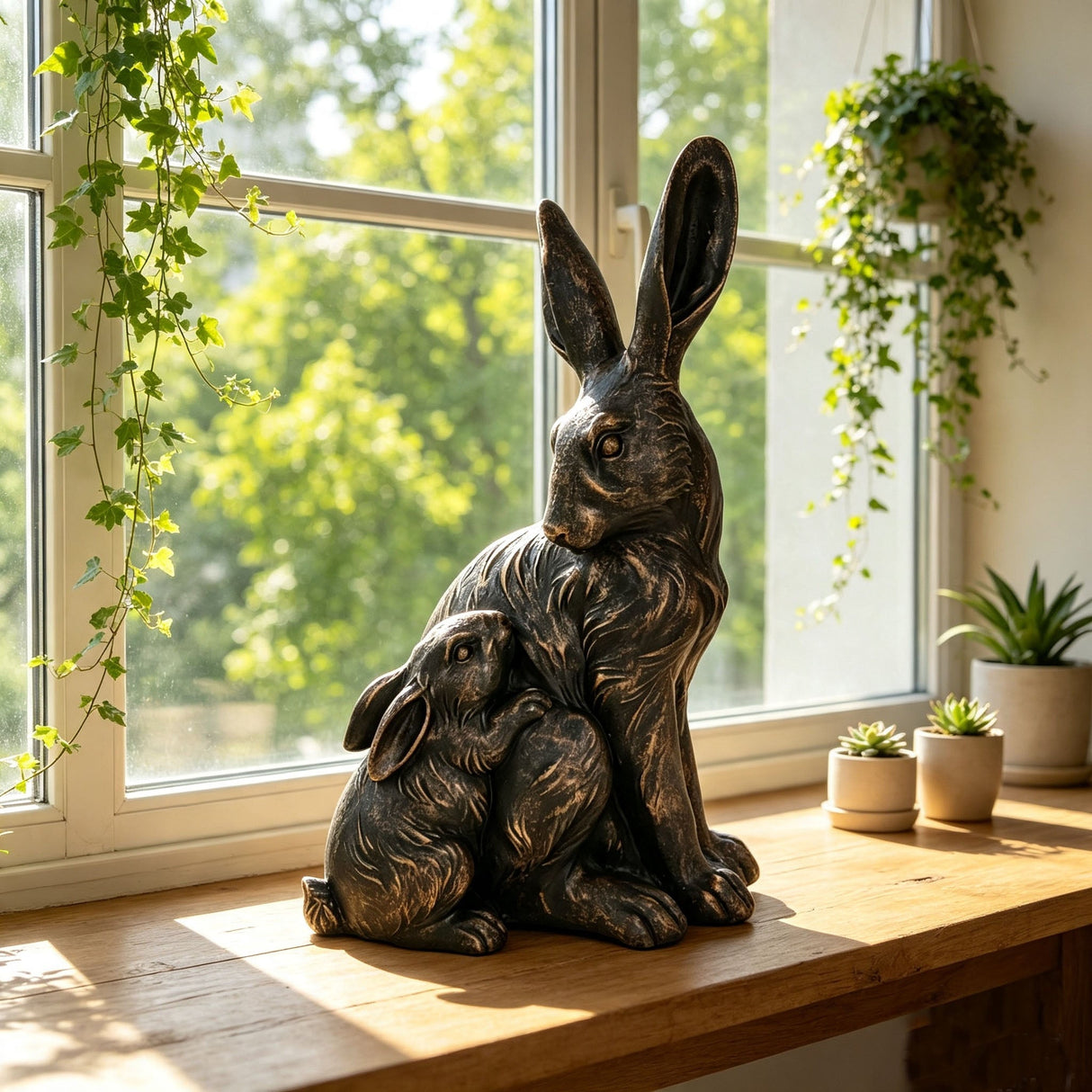 21'' Tall Mother Hare & Baby Cuddling Garden Statue