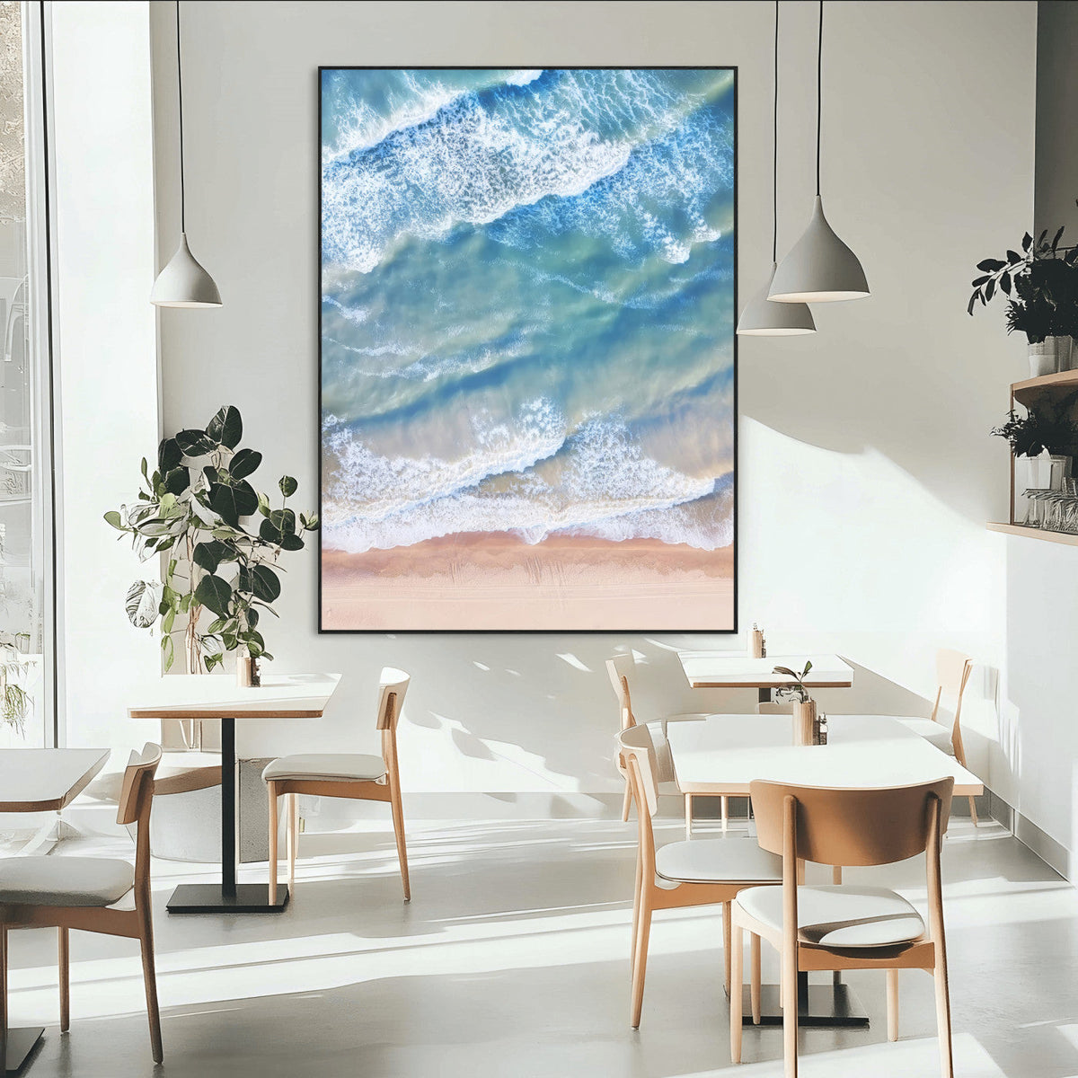 Aerial Ocean View Wall Art Canvas Print – Framed Soft Blue