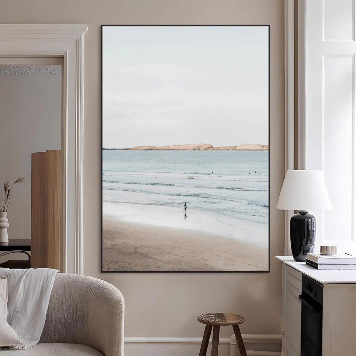 Minimalist Beach Wall Art Canvas Print – Framed Soft Blue