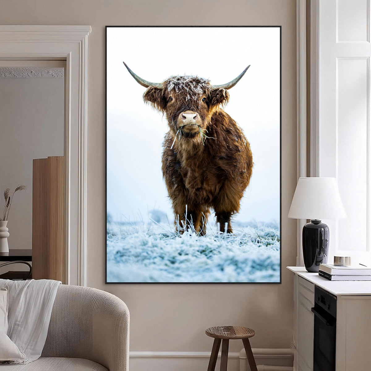 Highland Cow Wall Art Canvas Print – Framed Frosty Winter
