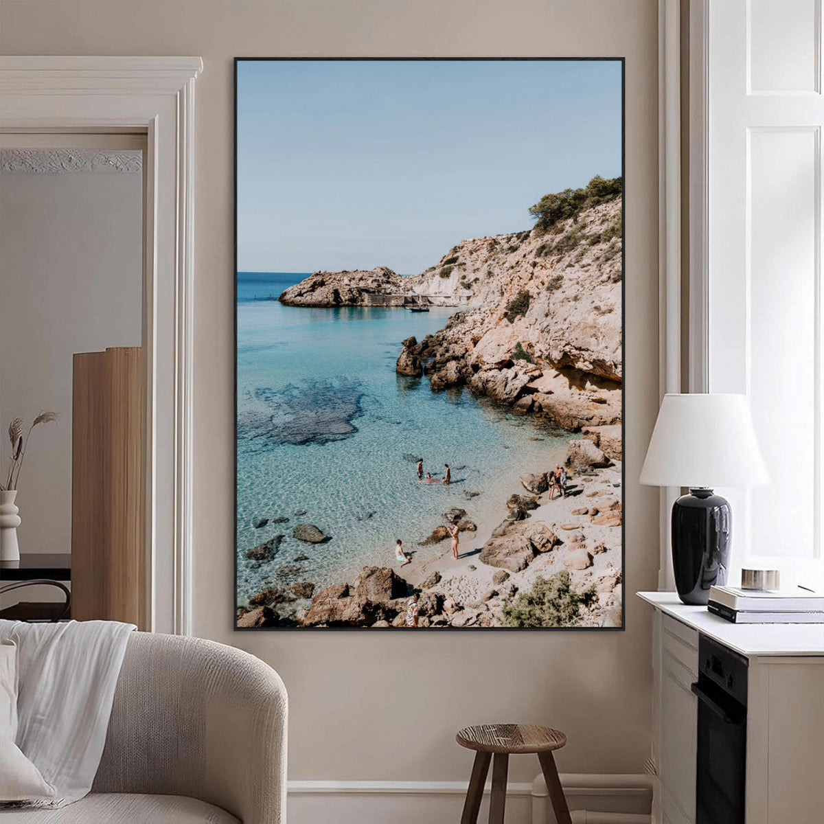 Clear Blue Water Beach Wall Art – Framed Rocky Cove Canvas