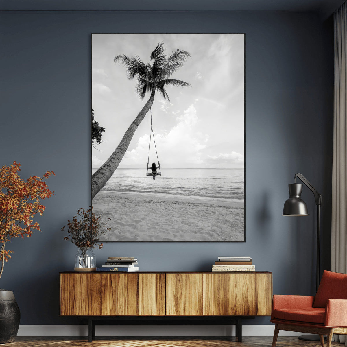 Black White Palm Tree Wall Art Canvas Print – Framed