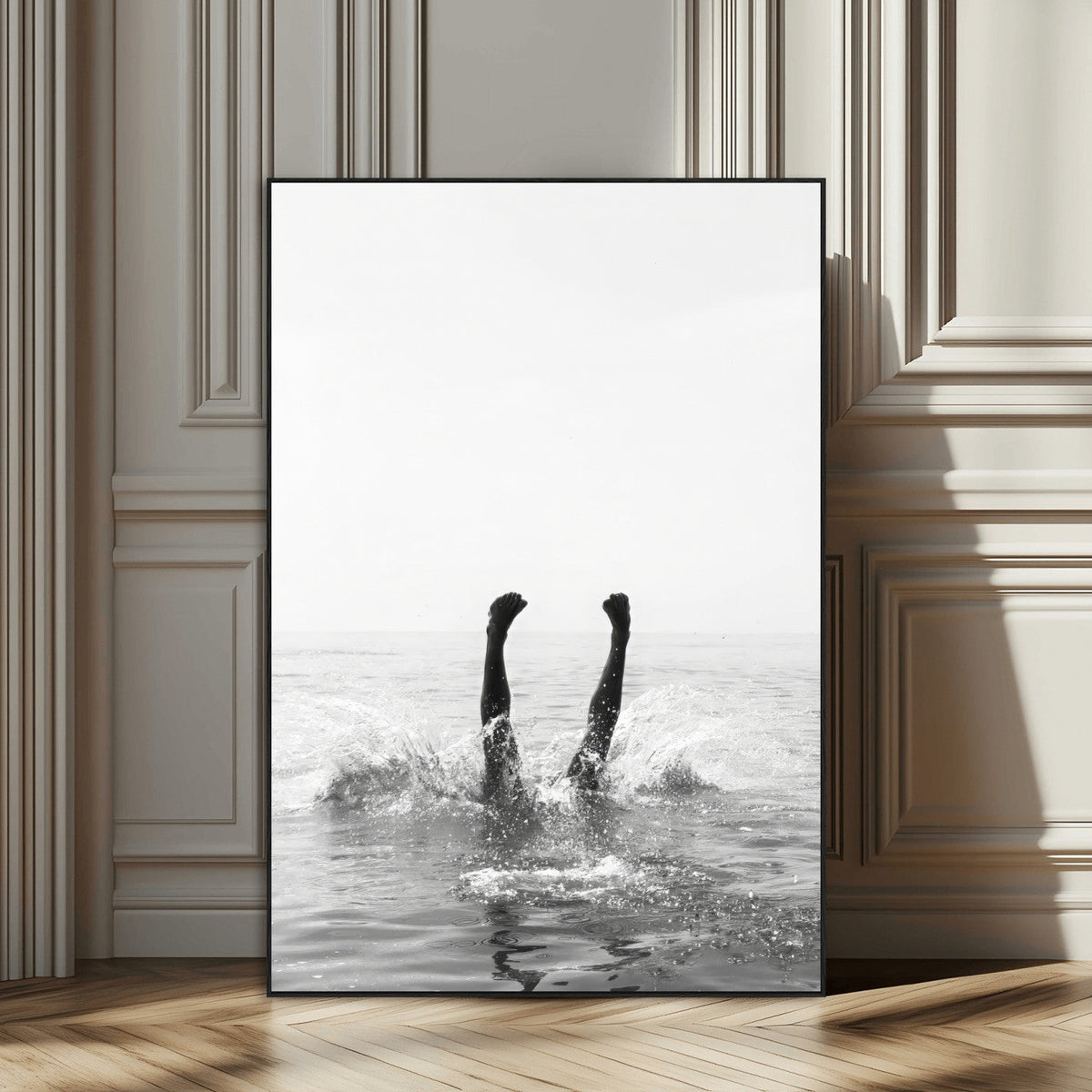 Minimal Ocean Wall Art Canvas Print – Framed Monochrome