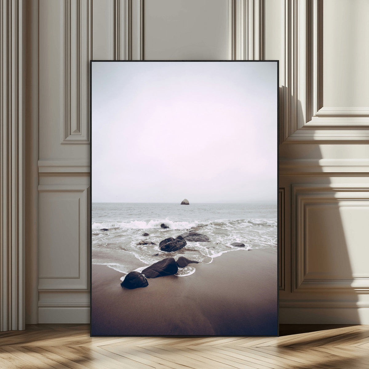 Moody Seascape Wall Art Canvas Print – Framed Neutral Foggy