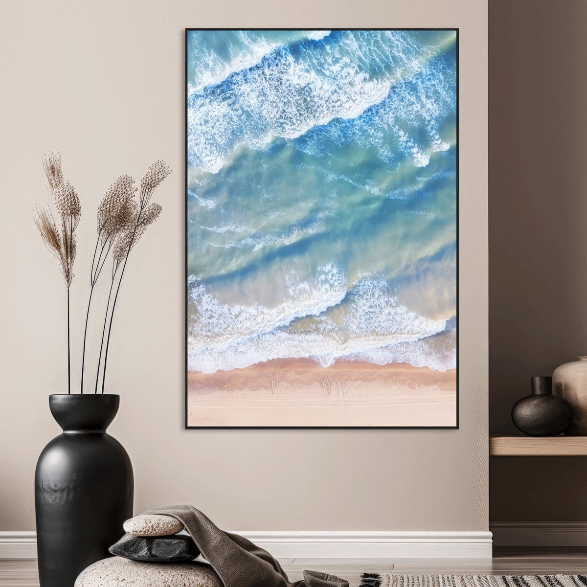 Aerial Ocean View Wall Art Canvas Print – Framed Soft Blue