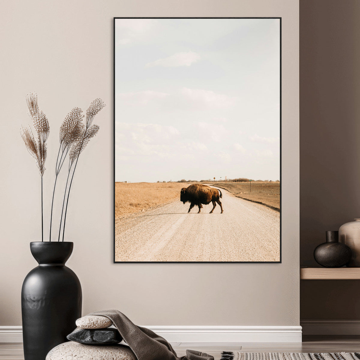 Bison Crossing Wall Art Canvas Print – Framed Western