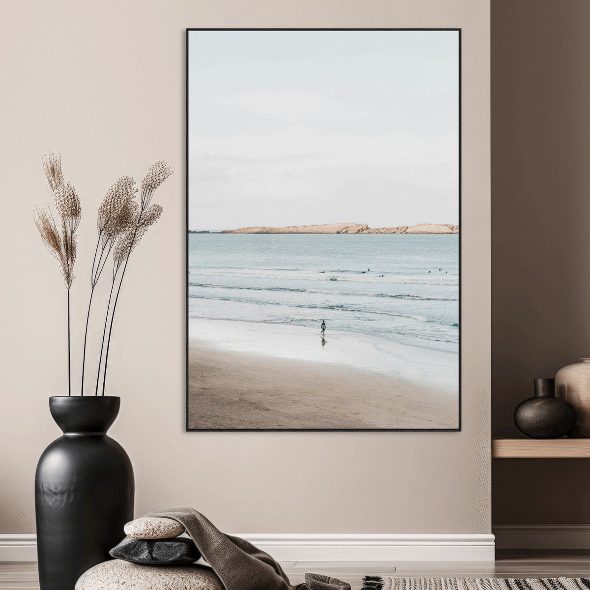 Minimalist Beach Wall Art Canvas Print – Framed Soft Blue