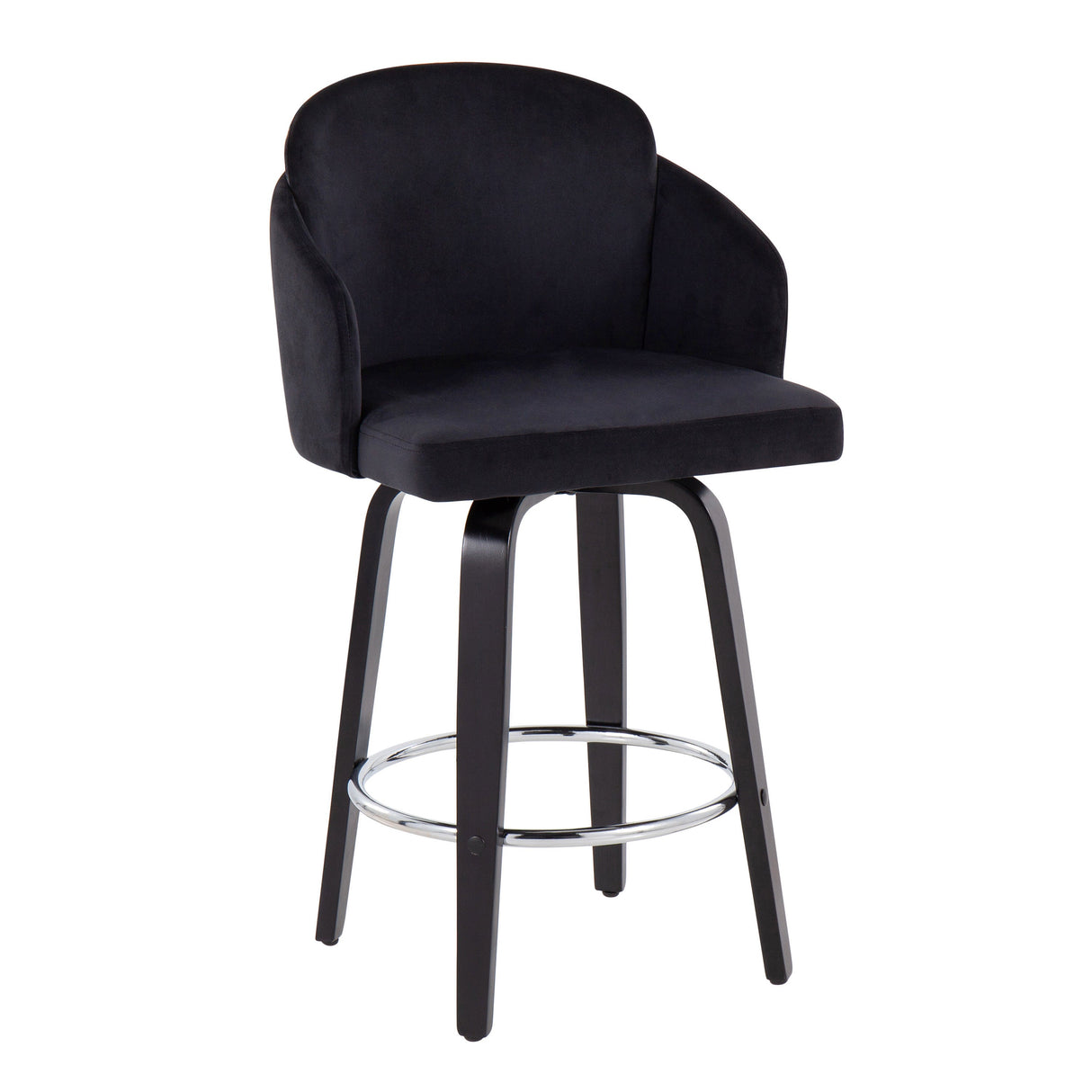 Contemporary Counter Stool in Black Wood and Black Velvet - Set of 2