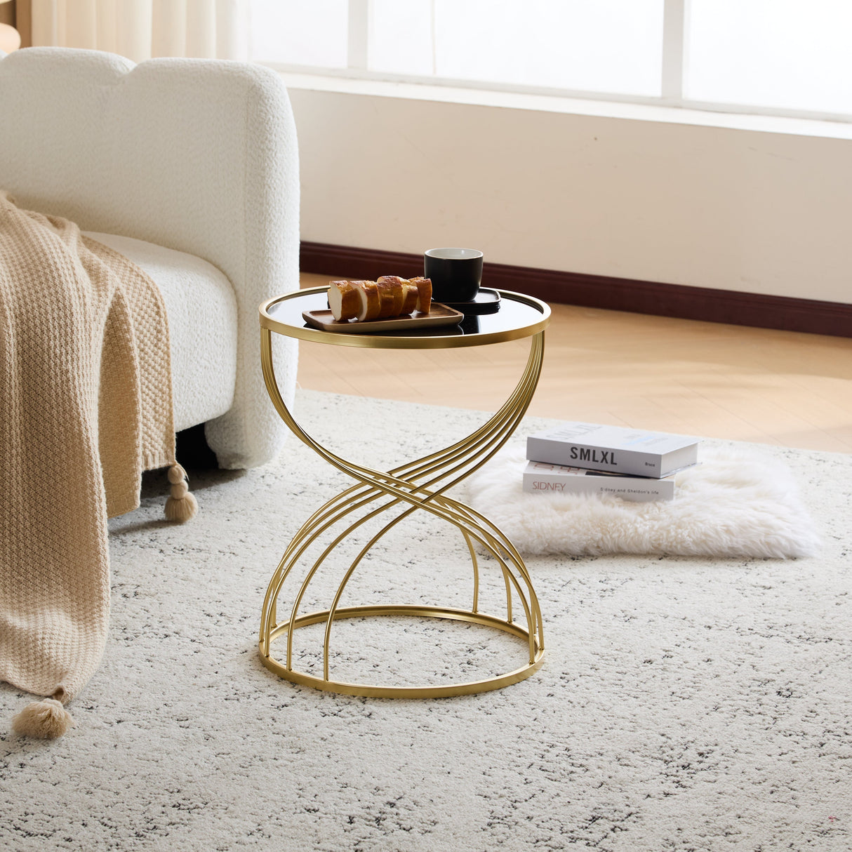 Modern Side Table with Golden Metal Frame and Black Mirror Top