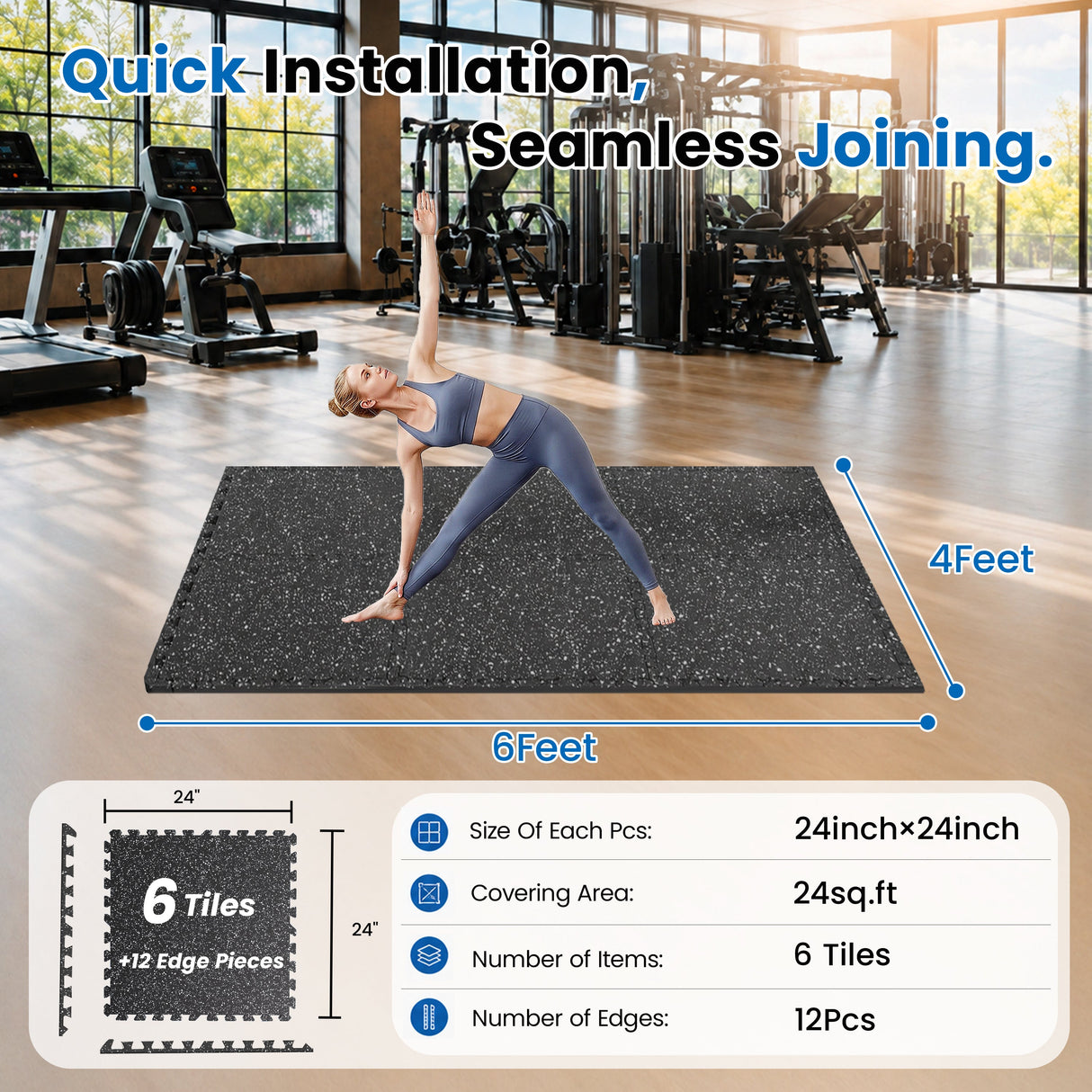0.6 Inch Thick Gym Floor Mats, 6 Tiles Rubber Top with EVA Foam