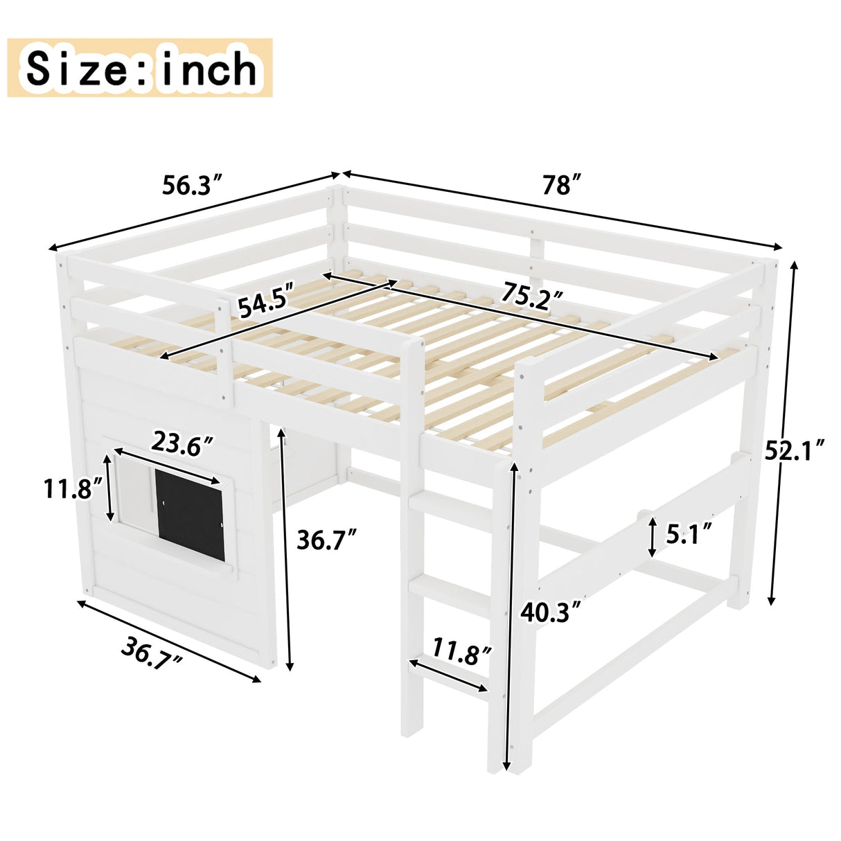 Full Size Loft Bed With Sliding Chalkboard & Bookshelf