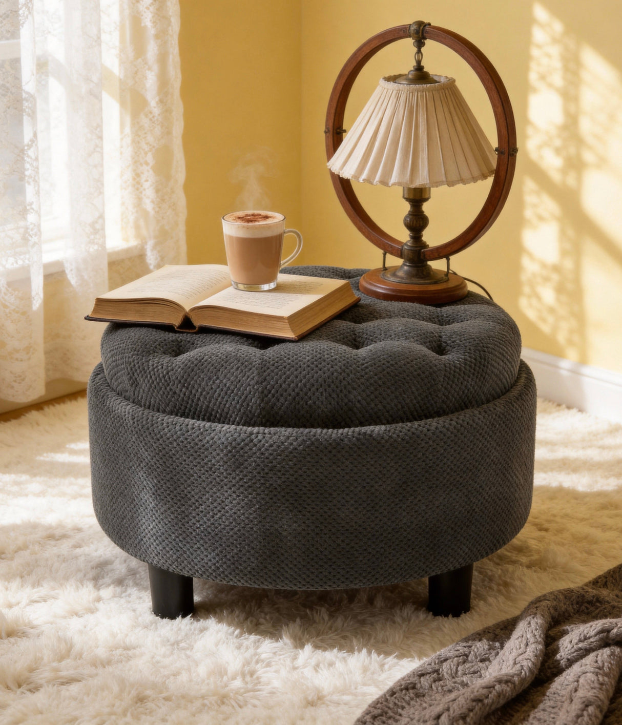 25 Inch Round Storage Ottoman with Tray