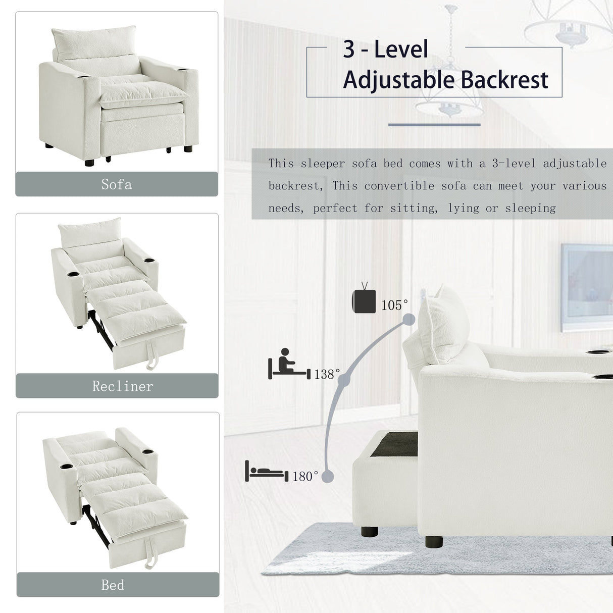 Sleeper Sofa Chair Bed - Convertible 3-in-1 Design