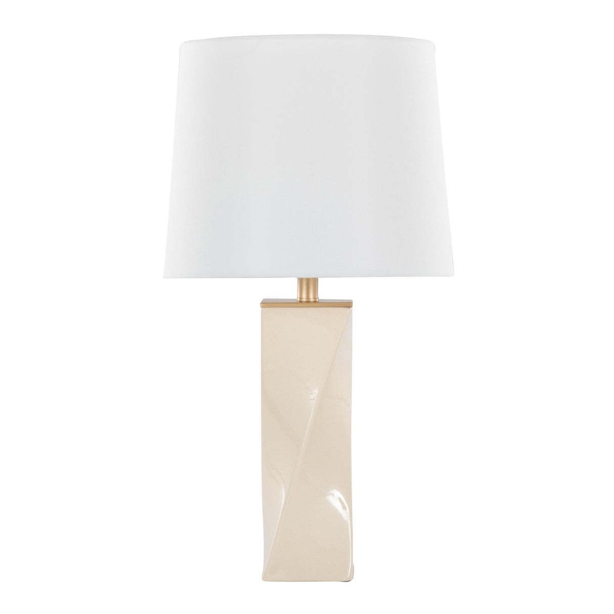 Curvo Square 27" Ceramic Table Lamp in Cream Ceramic, Gold Metal, and White Linen