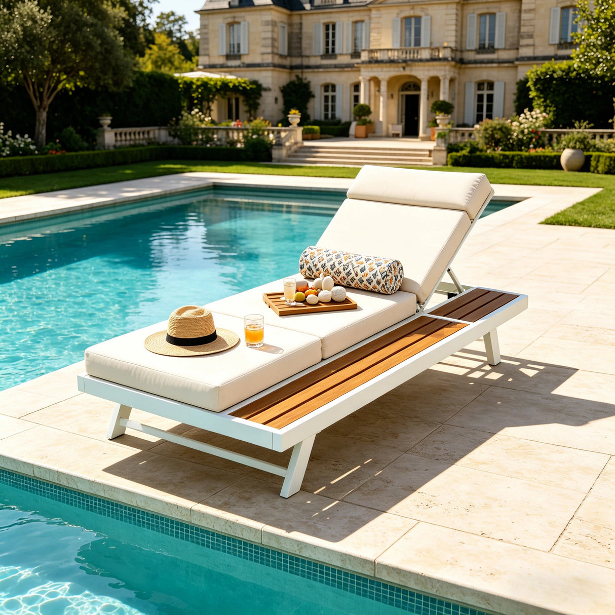 White Iron and Teak Finish Outdoor Chaise Lounge Set