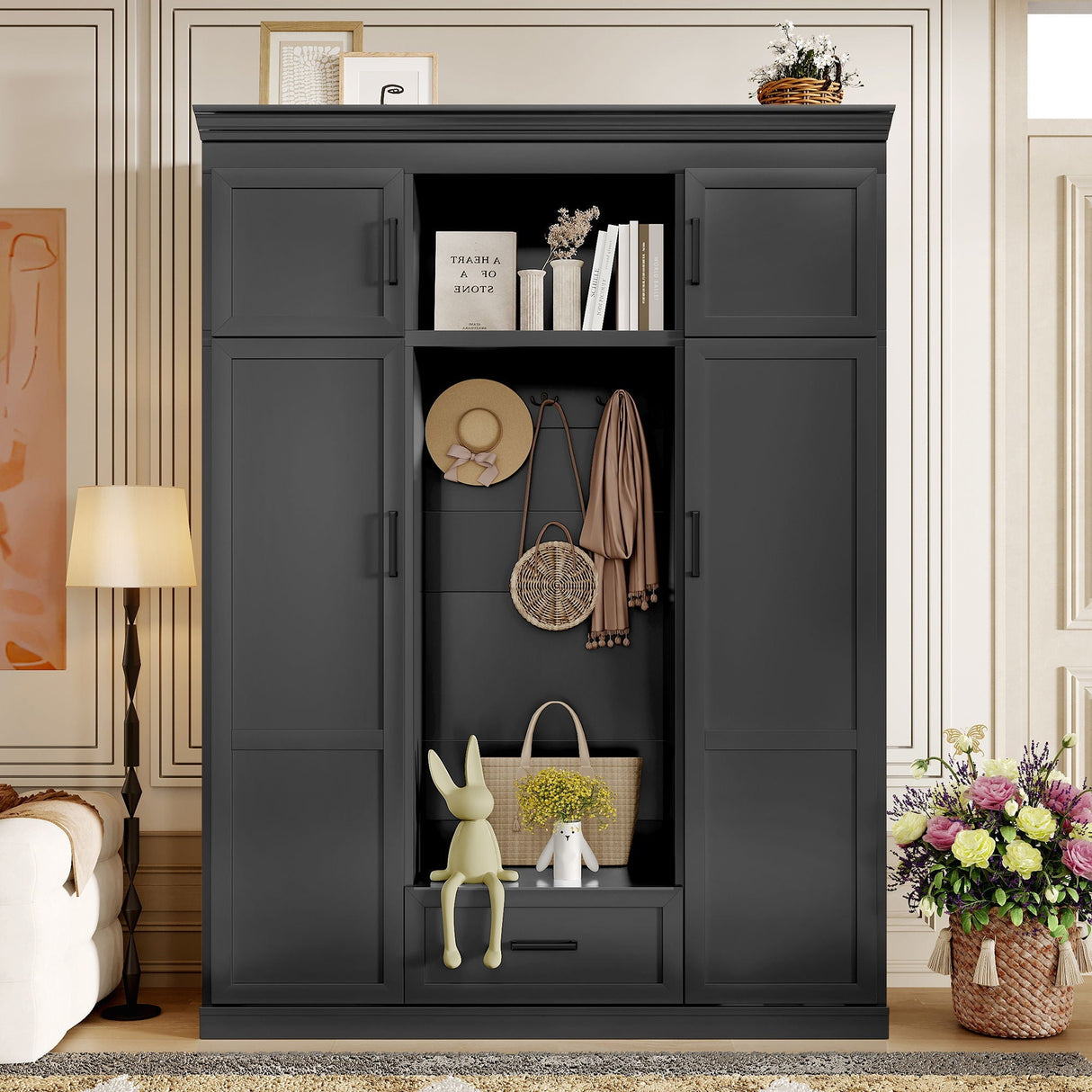 Hall Tree With Bench And 3 Hooks, Modern Entryway Storage Organizer Cabinet
