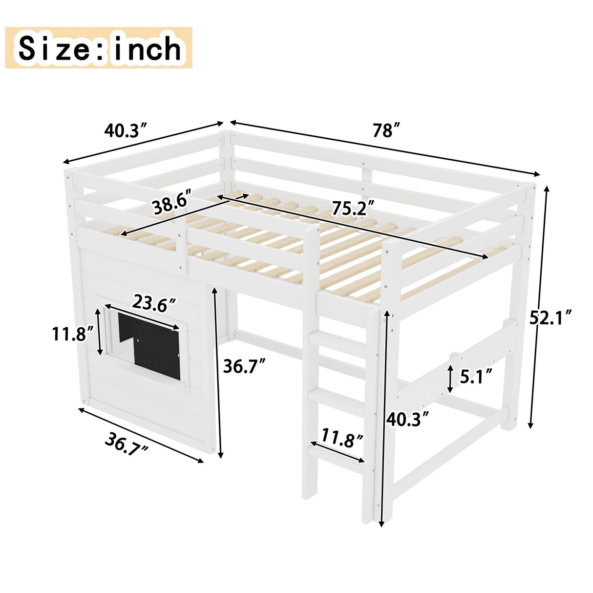 Twin Size Loft Bed With Sliding Chalkboard & Bookshelf