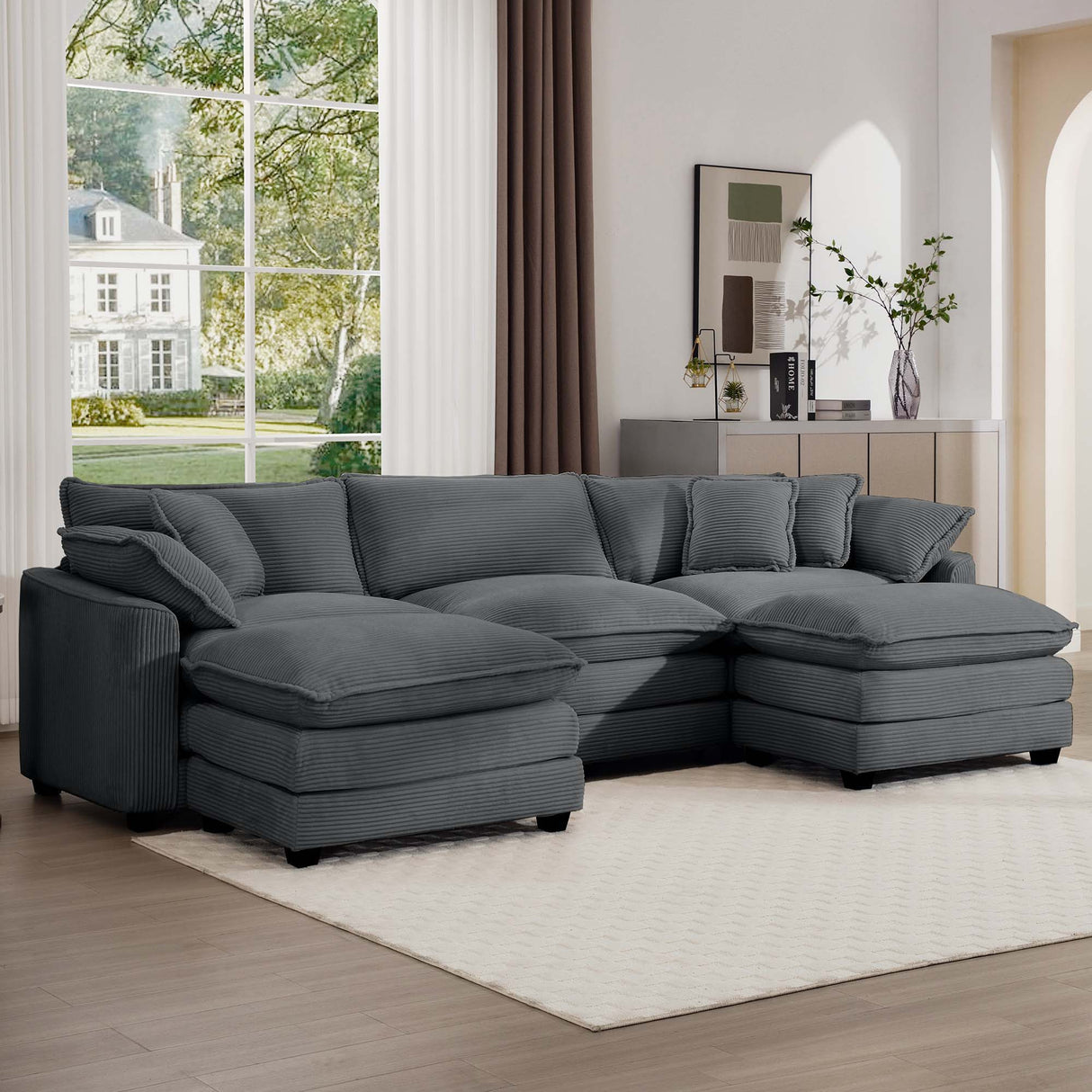 Modern Oversized Modular Cushion Sofa with Ottoman, Low Back, Deep Seating Sofa Set
